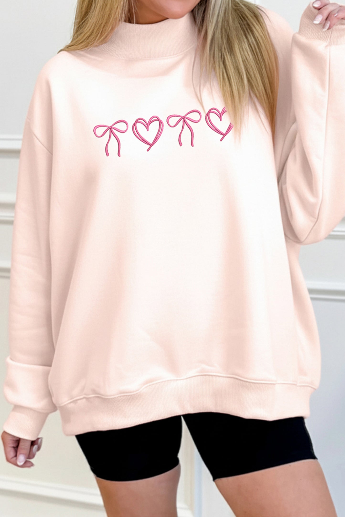 Apricot Pink Valentines Bow Heart Embroidered Mock Neck Sweatshirt💕🎀