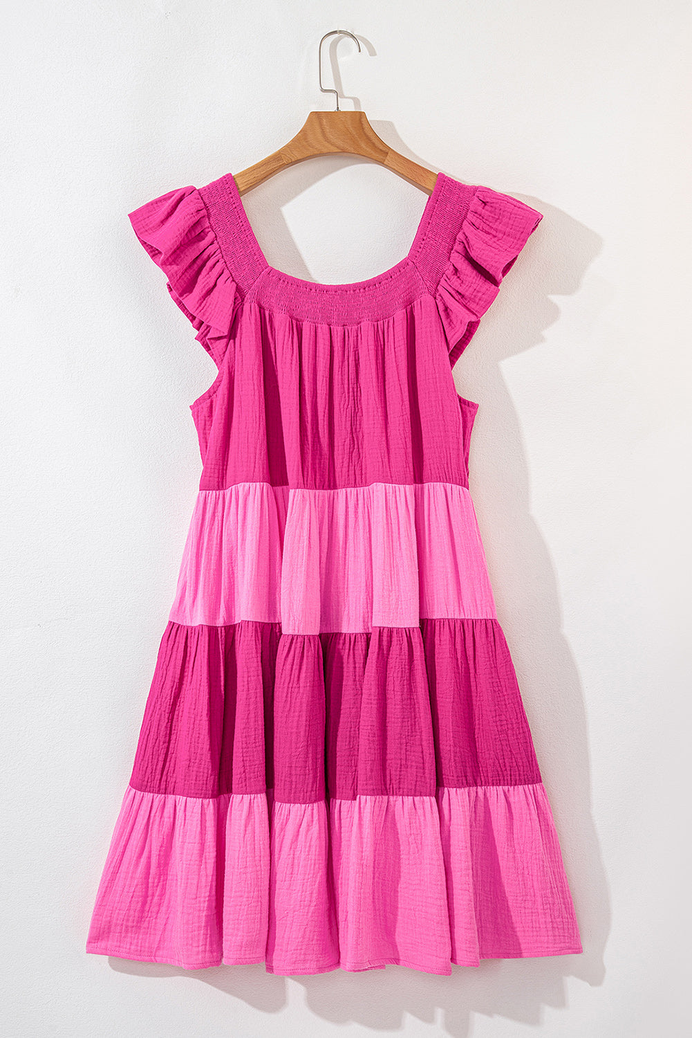 Pink Crinkled Colorblock Patchwork Tiered Mini Dress🩷