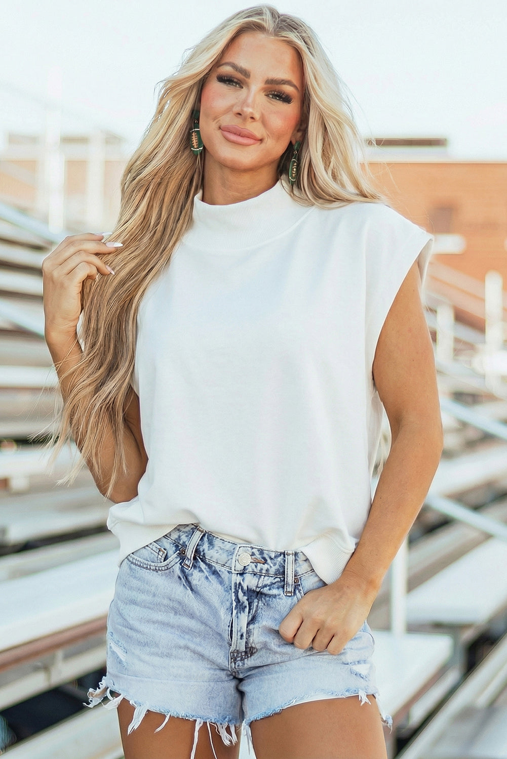 Yellow Solid Color High Neck Cap Sleeve Loose Top✨