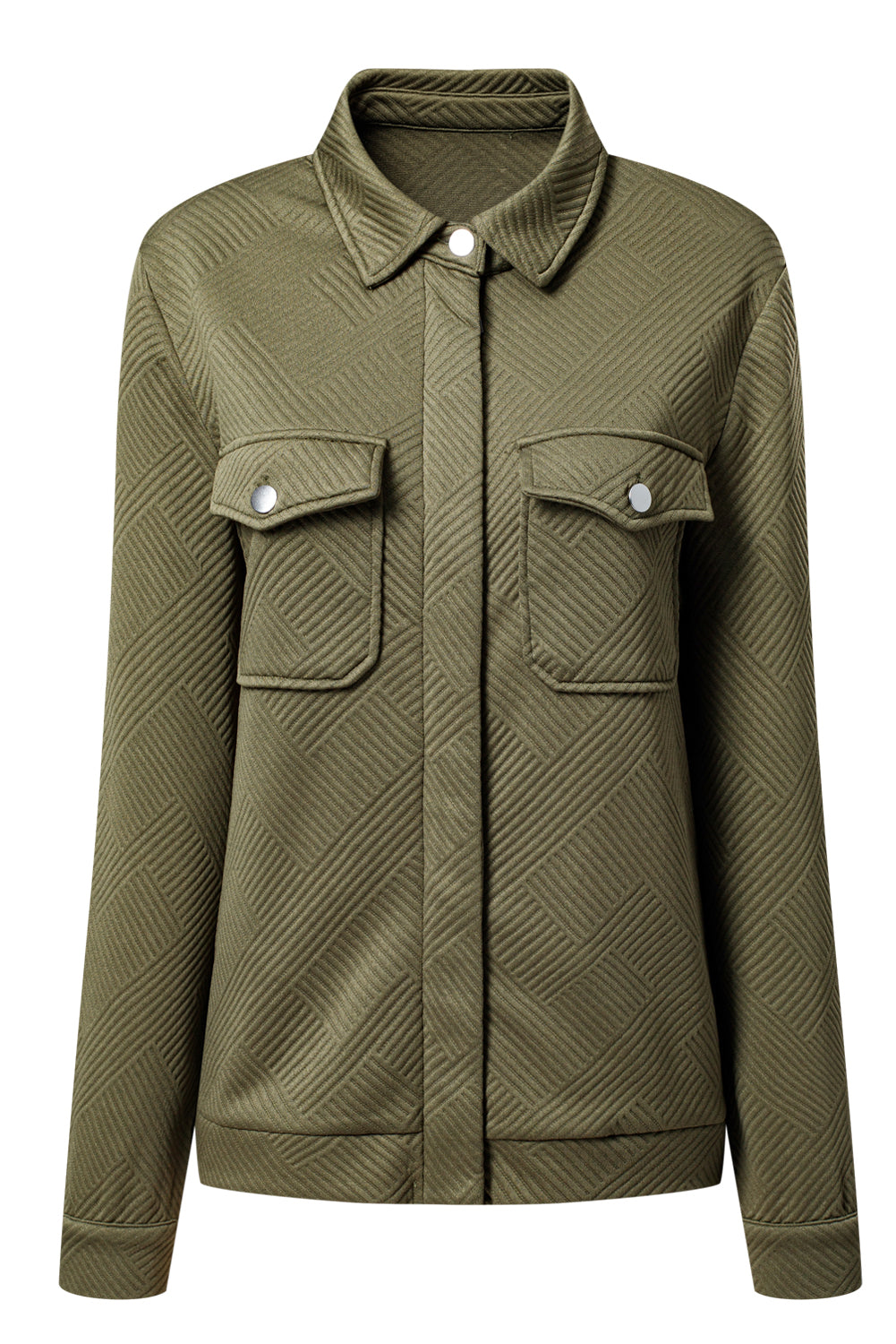 Blackish Green Solid Color Zip Up Button Flap Pocket Shirt Collar Jackets