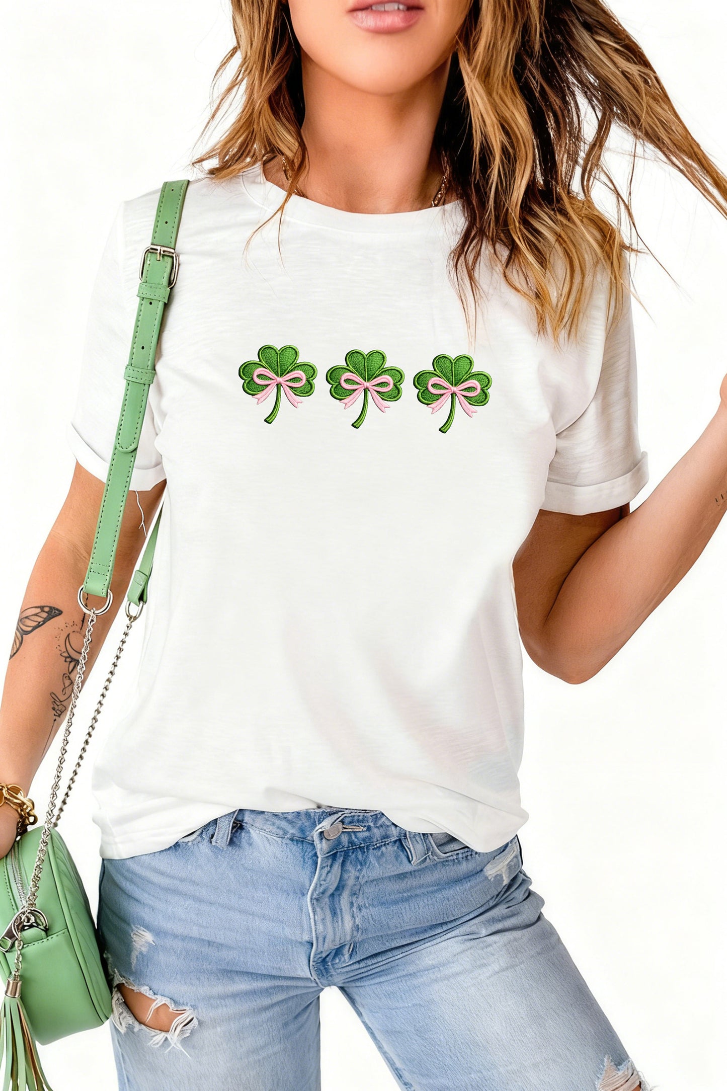 White Ribbon Bow Clover Embroidered Casual T Shirt☘️🎀