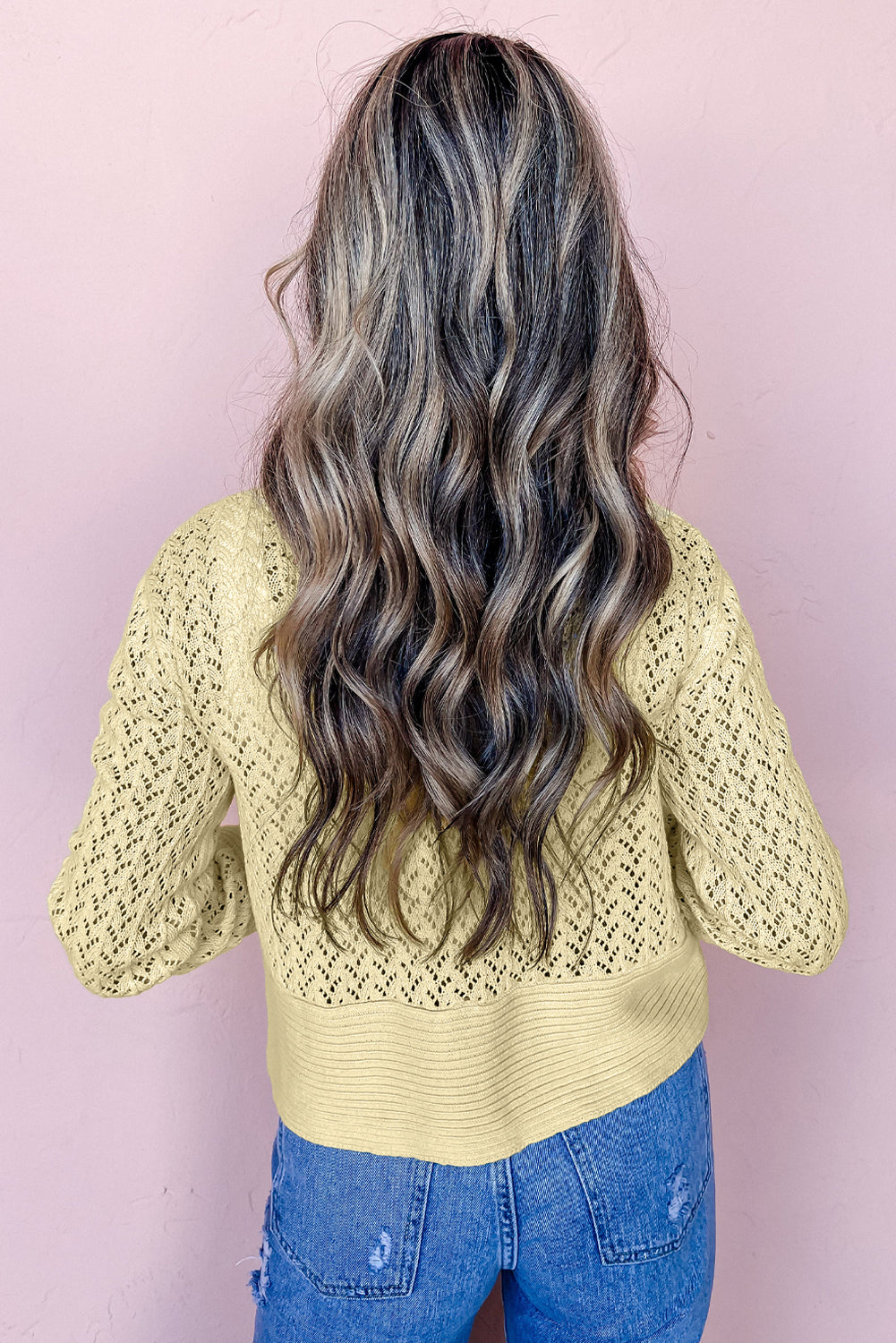 Yellow Cream Pointelle Knit Open Front Short Cardigan✨