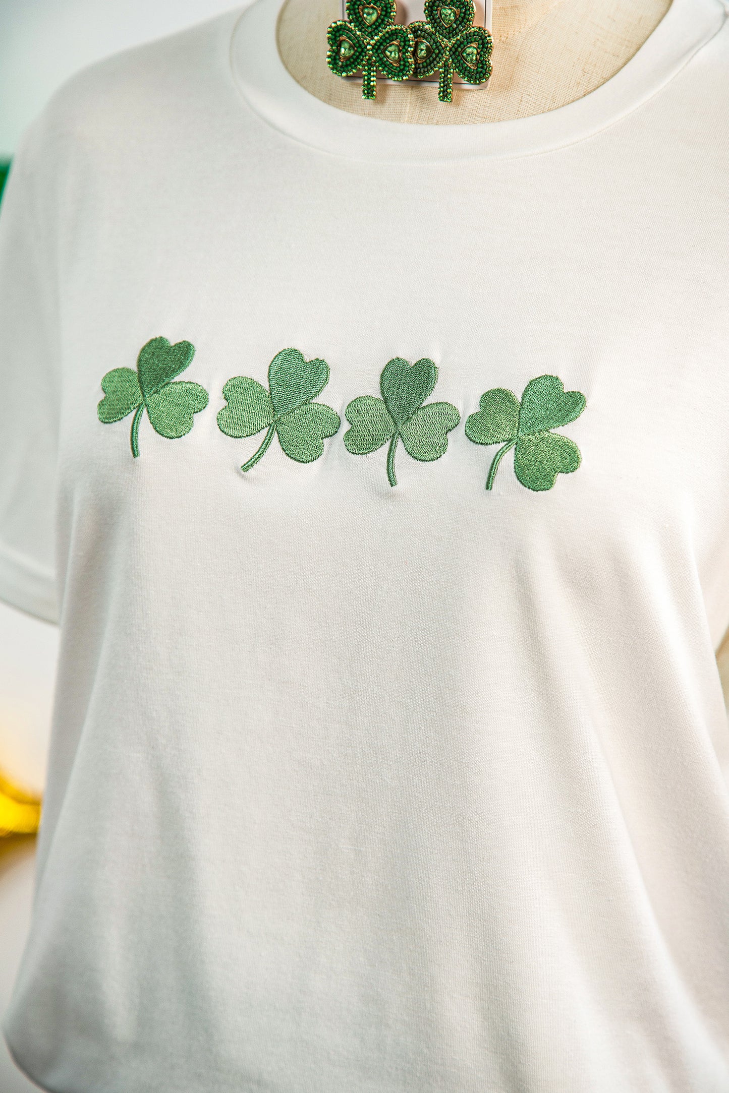 White Embroidered Clover St Patricks Fashion Graphic Tee🍀