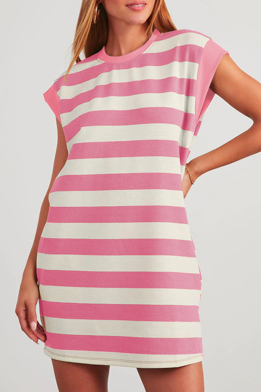 Pink Stripe Cap Sleeve Shift T Shirt Dress🩷