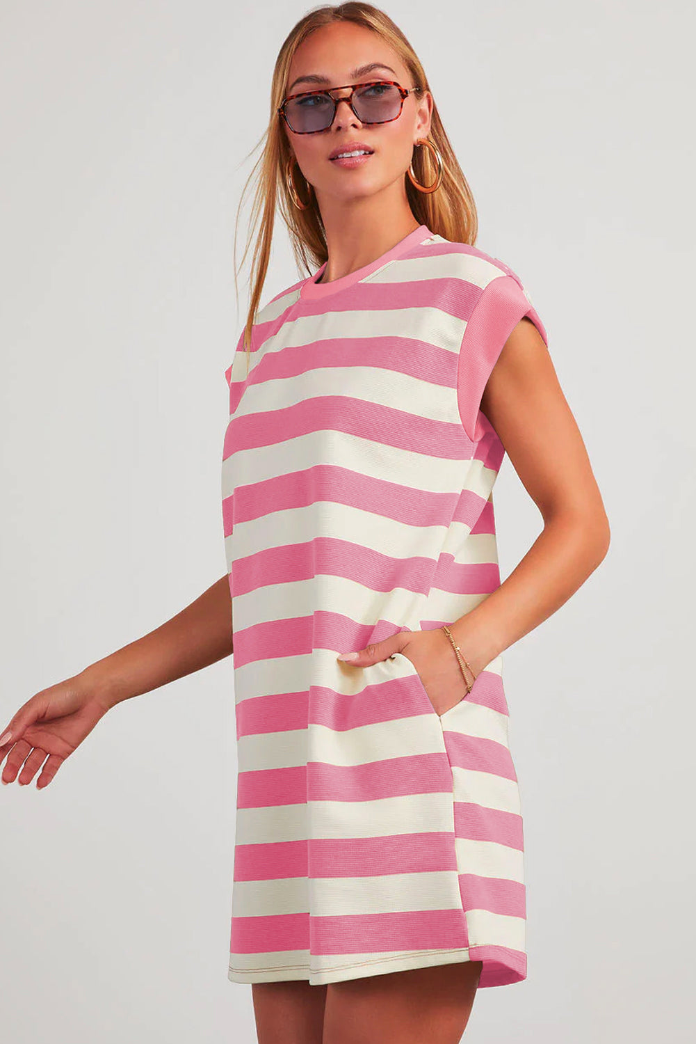 Pink Stripe Cap Sleeve Shift T Shirt Dress🩷