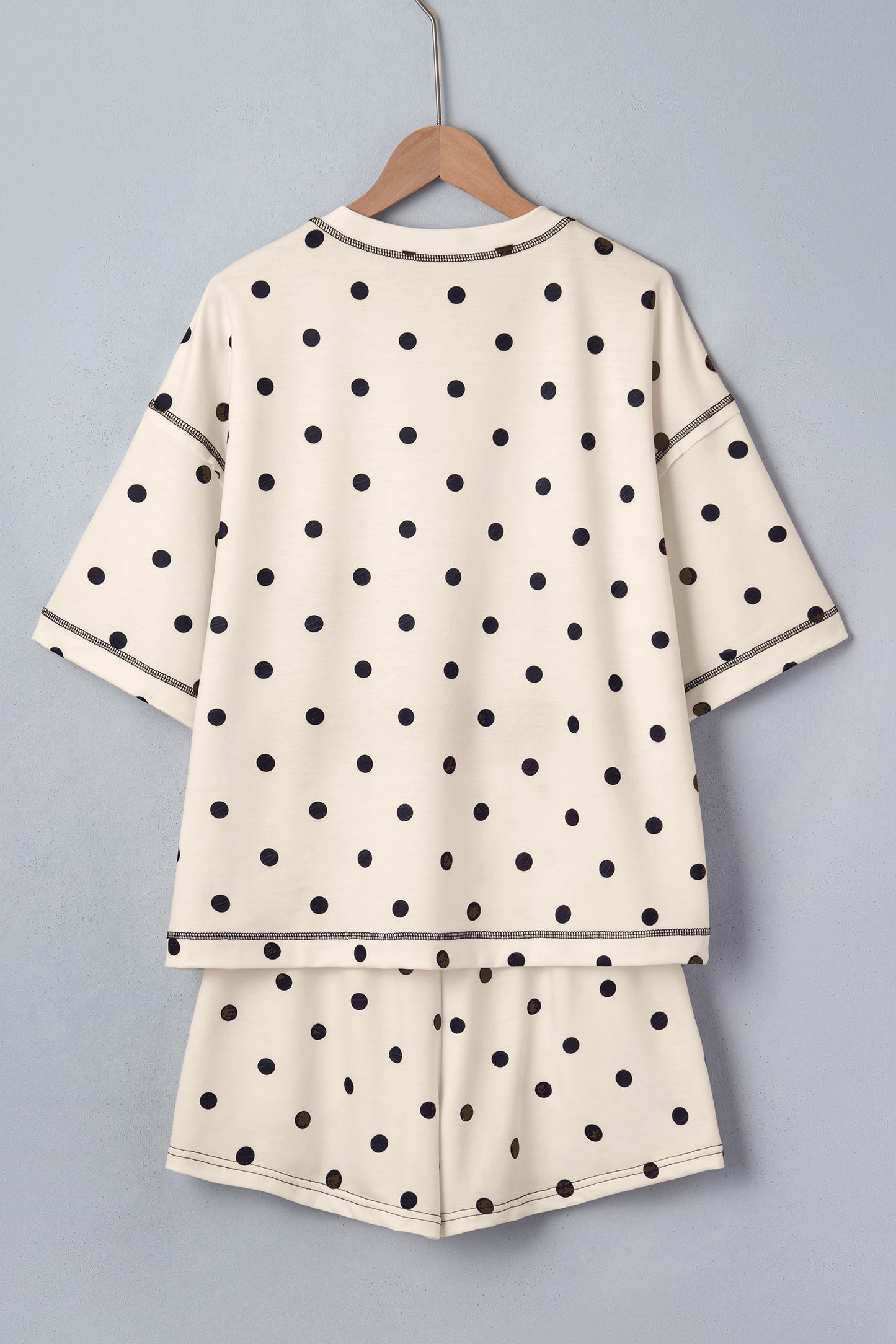 Sky Blue Exposed Seam Detail Polka Dot Loose Tee Drawstring Shorts Set
