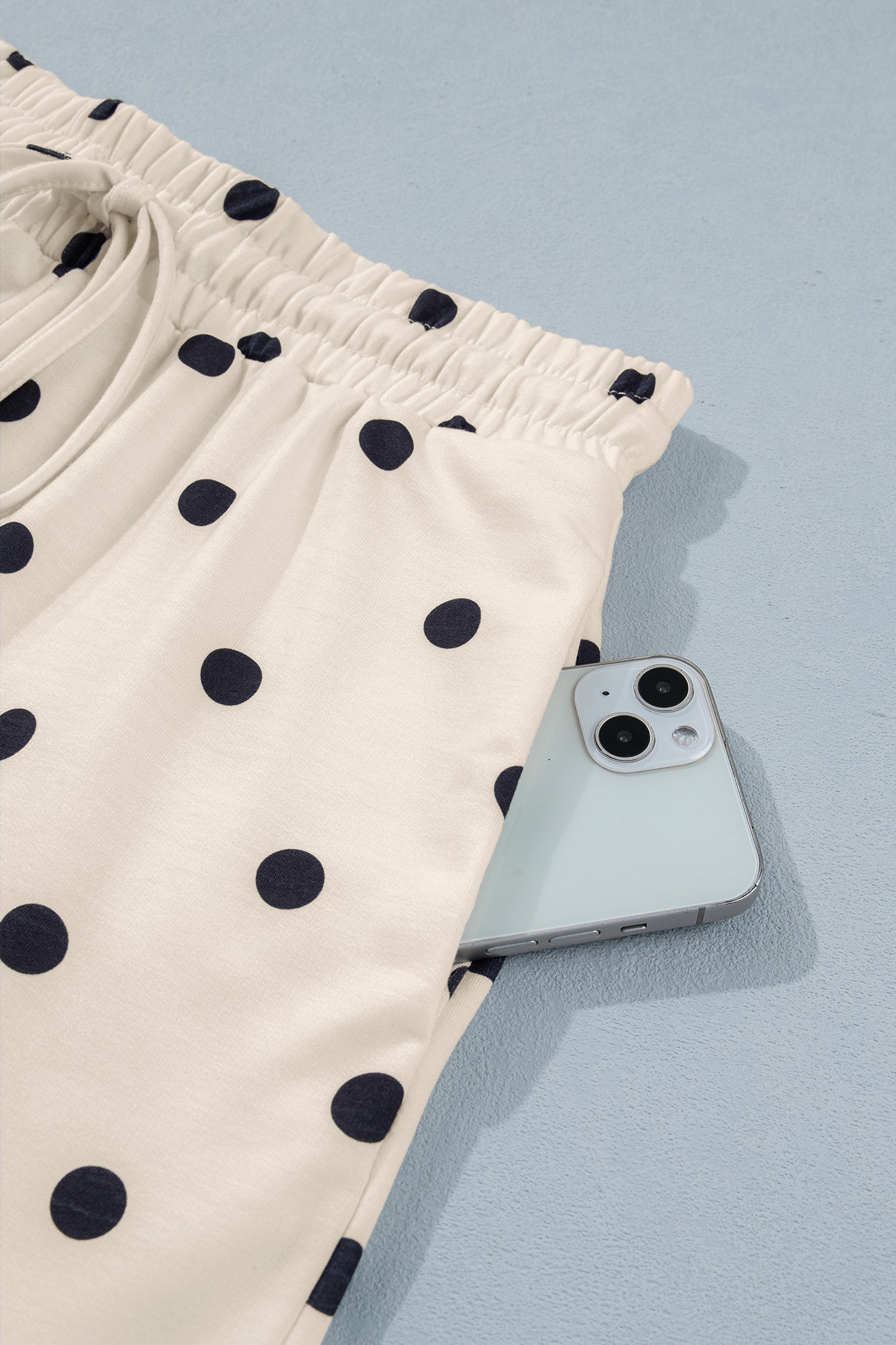 Sky Blue Exposed Seam Detail Polka Dot Loose Tee Drawstring Shorts Set