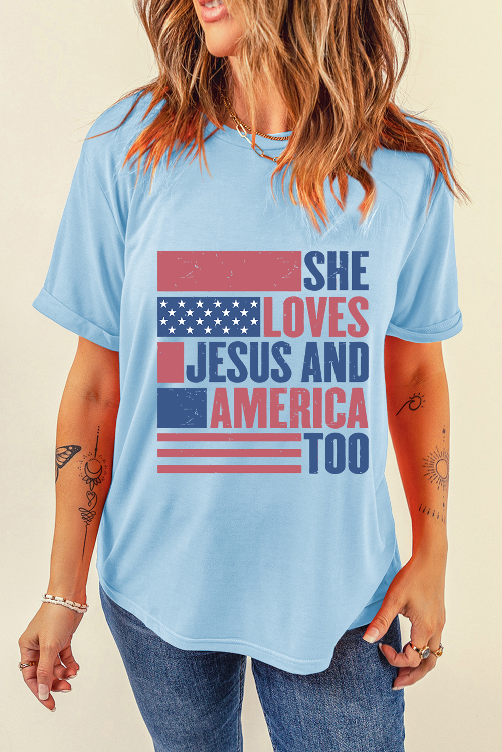 Light Blue SHE LOVES JESUS AND AMERICA TOO Heat Transfer Printing Patriotic T Shirt 🇺🇸