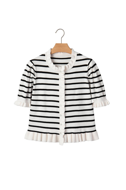 Beige Stripe Ruffle Trim Button Down Knit Short Sleeve Sweater Cardigan