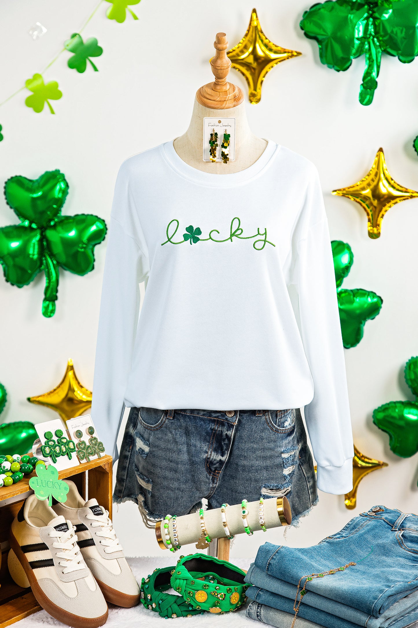 White Embroidered lucky Clover Graphic Long Sleeve Top