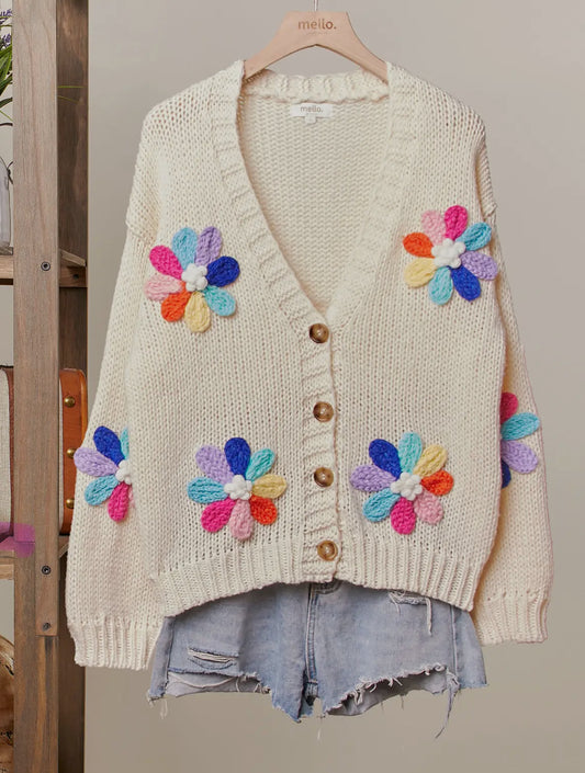 Daisy V-neck Flower Design Cardigan 🌸