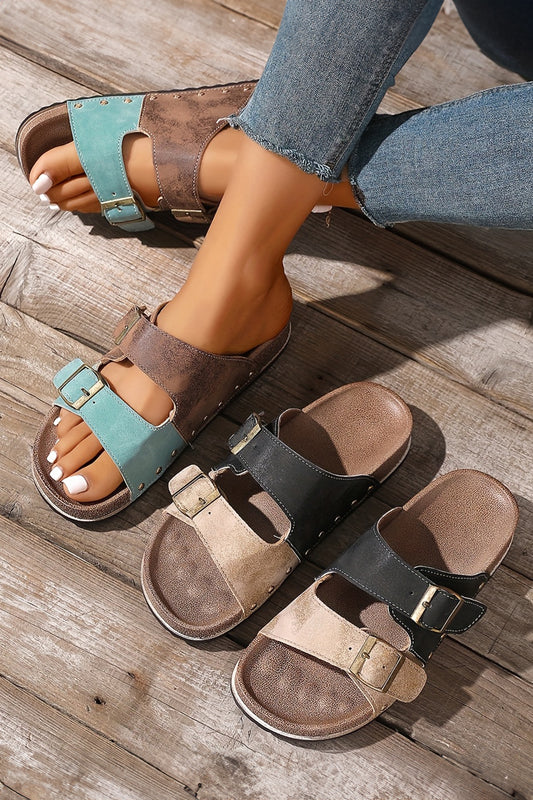 Color black Leopard Two-tone Retro Buckle Straps Hollowed Faux Suede Slippers