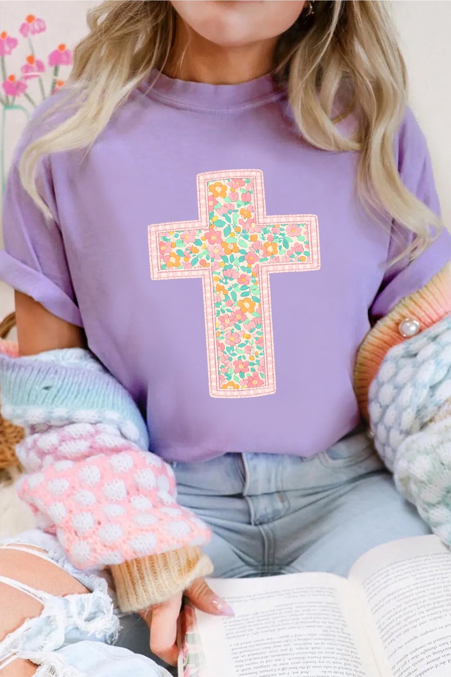 Wisteria Easter Floral Cross Christian Casual Tee✝️🌸💜