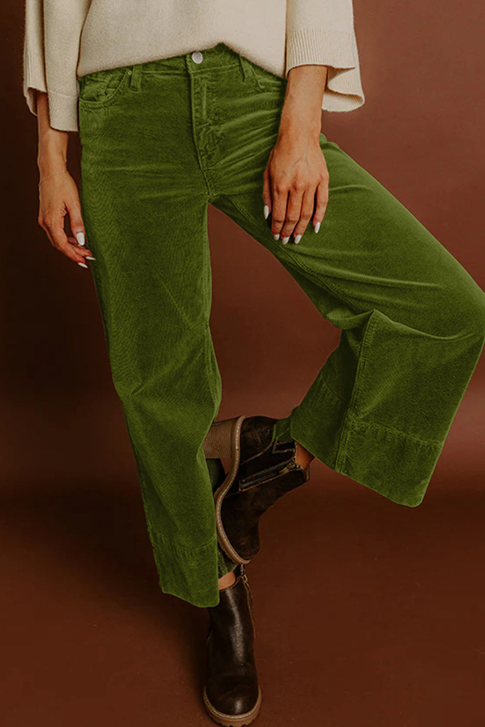 Vineyard Green Corduroy Solid Color High Waist Wide Leg Pants🍃