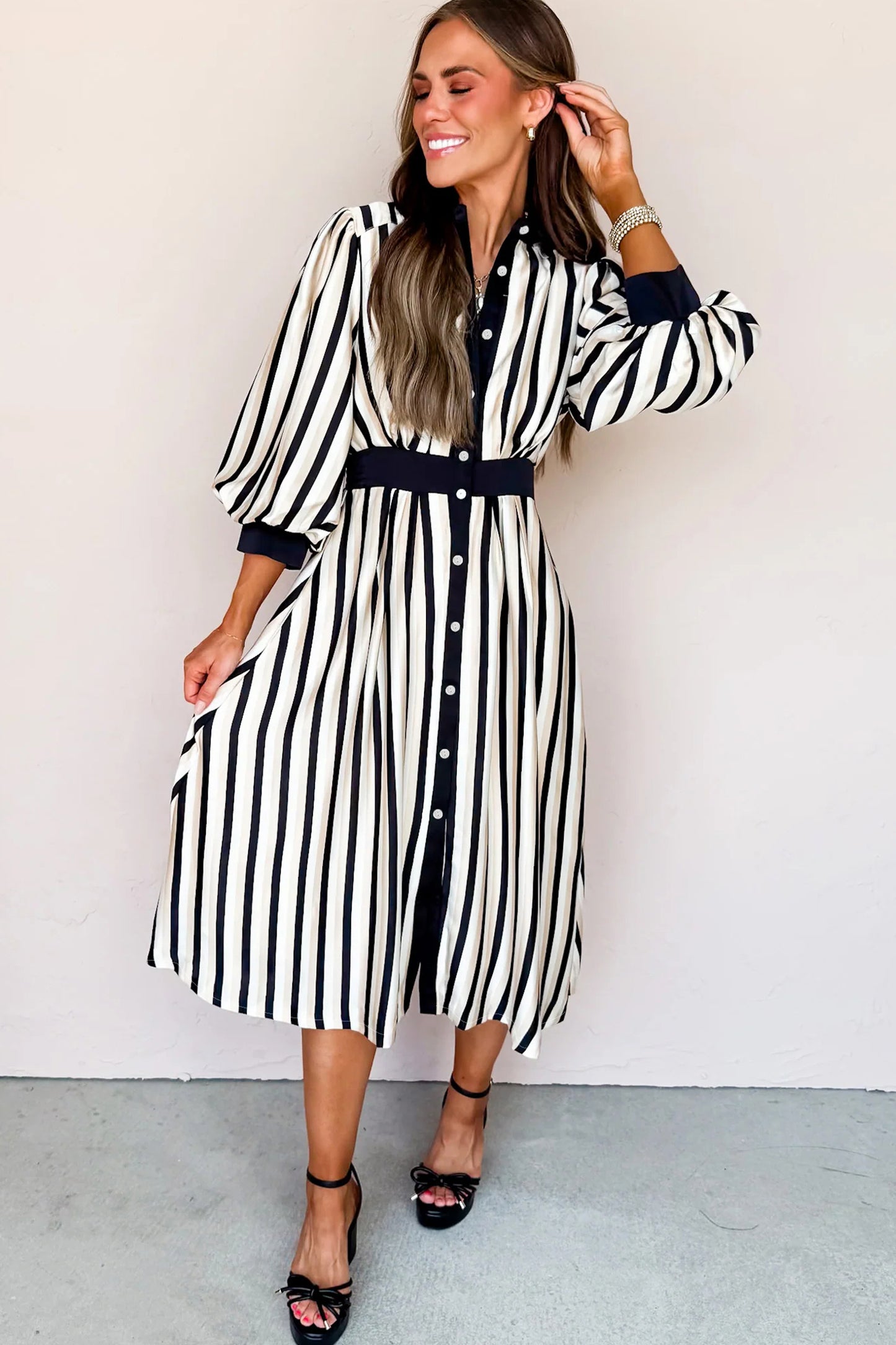 Black Stripe 3/4 Puff Sleeve Shirt Style Button Down Midi Dress 👗👸🏻✨