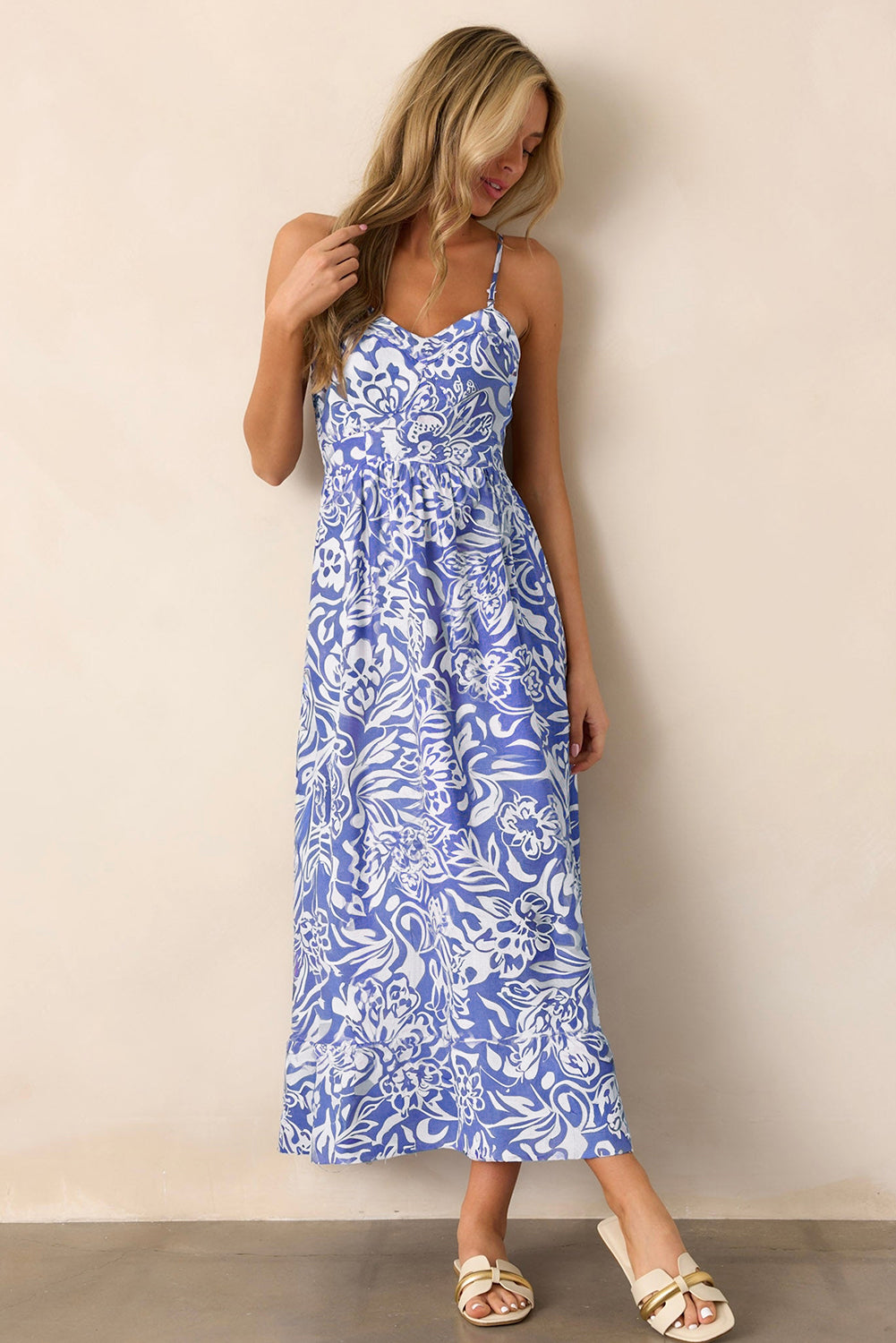 Sky Blue Floral Print Spaghetti Strap High Waist Maxi Dress💙