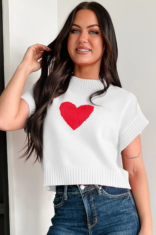 White Valentine Heart Graphic Cropped Short Sleeve Sweater♥️