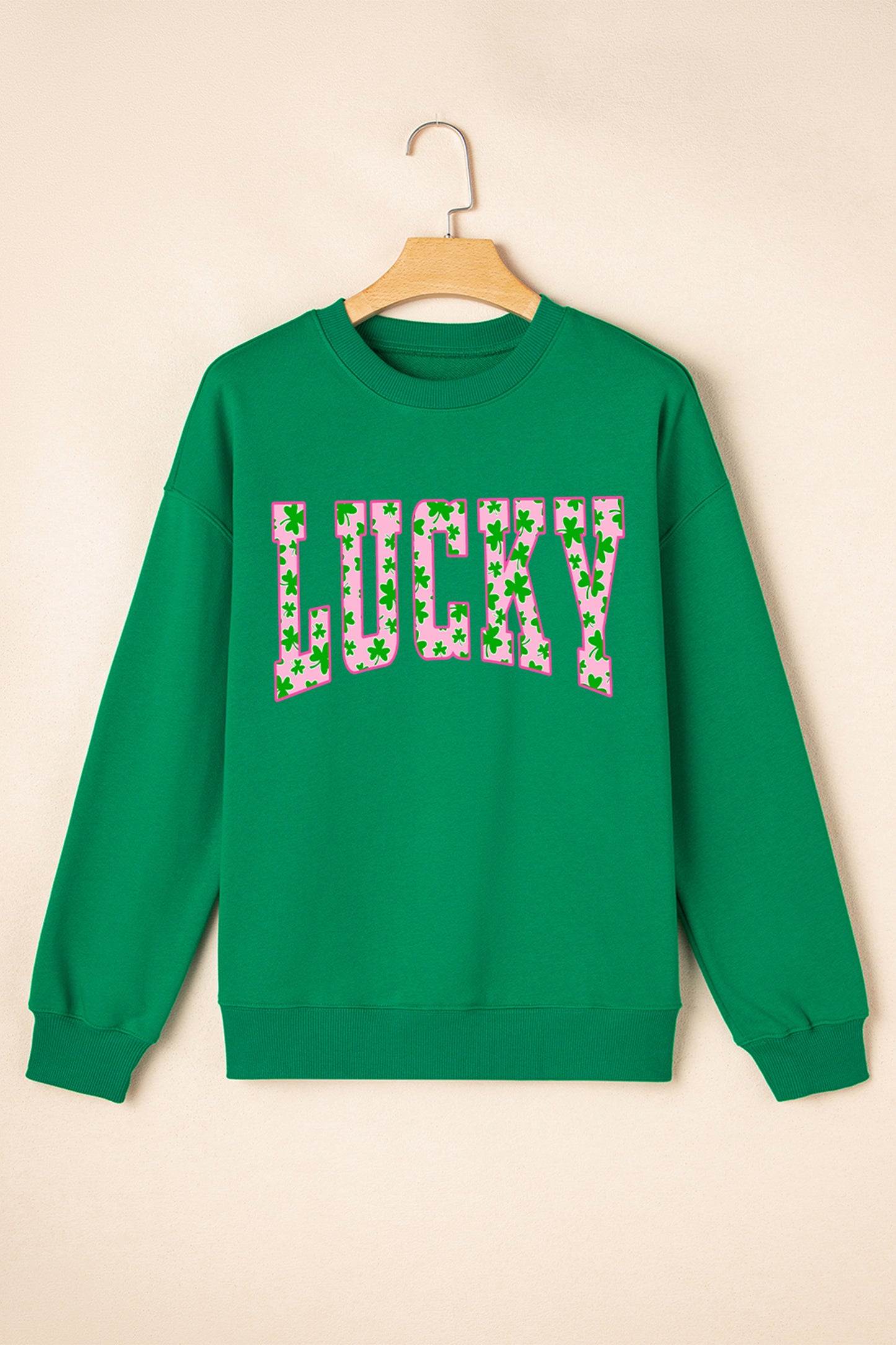 Dark Green LUCKY Clover Letter Printed Loose Pullover Sweatshirt☘️