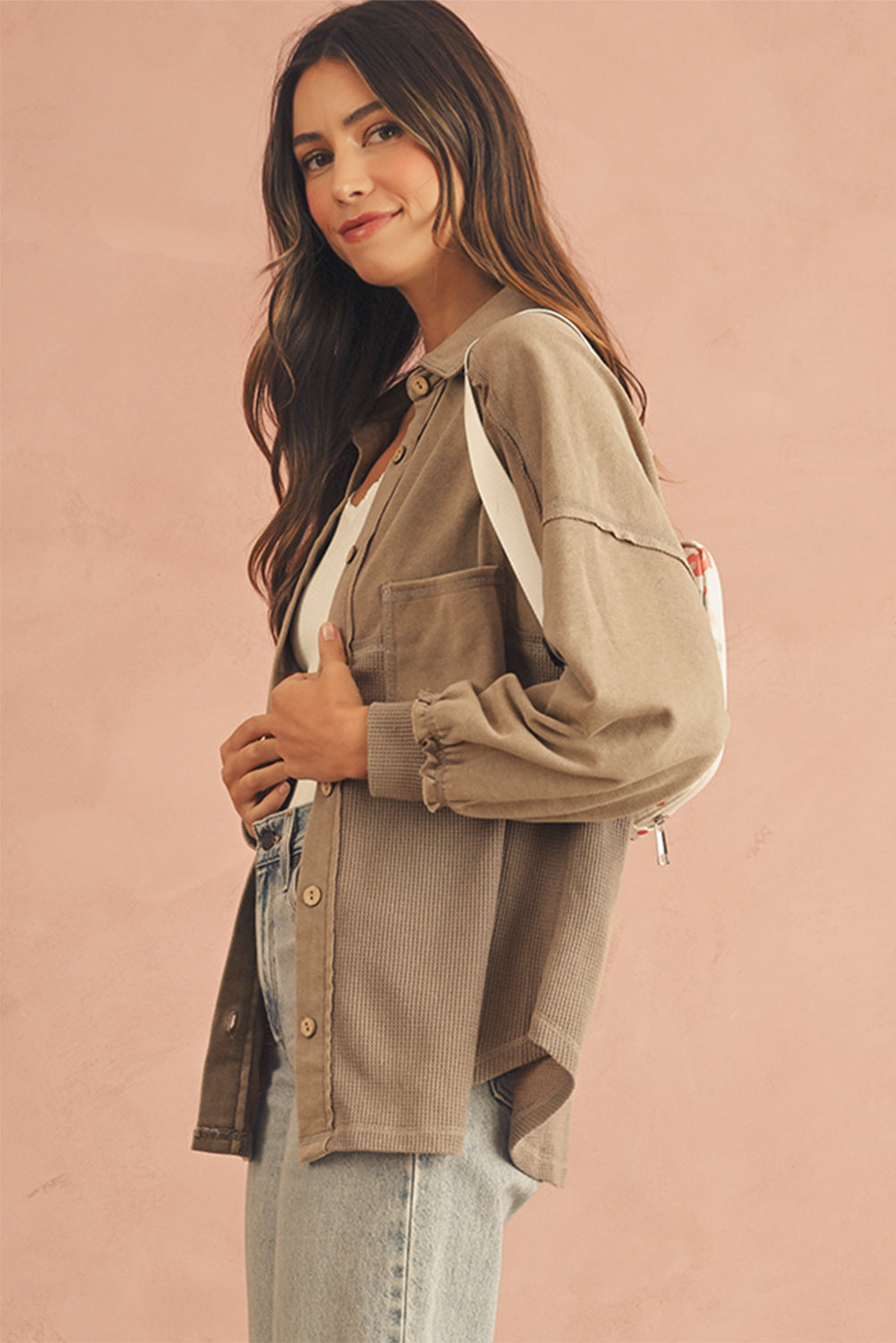 Goat Mineral Wash Textured Patchwork Loose Fit Shacket🤍