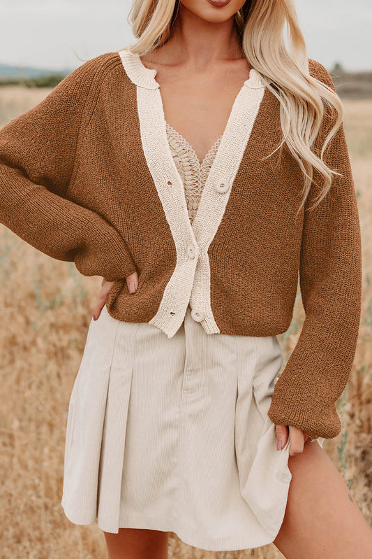 Chestnut Contrast Color V Neckline Knit Cardigan🤎