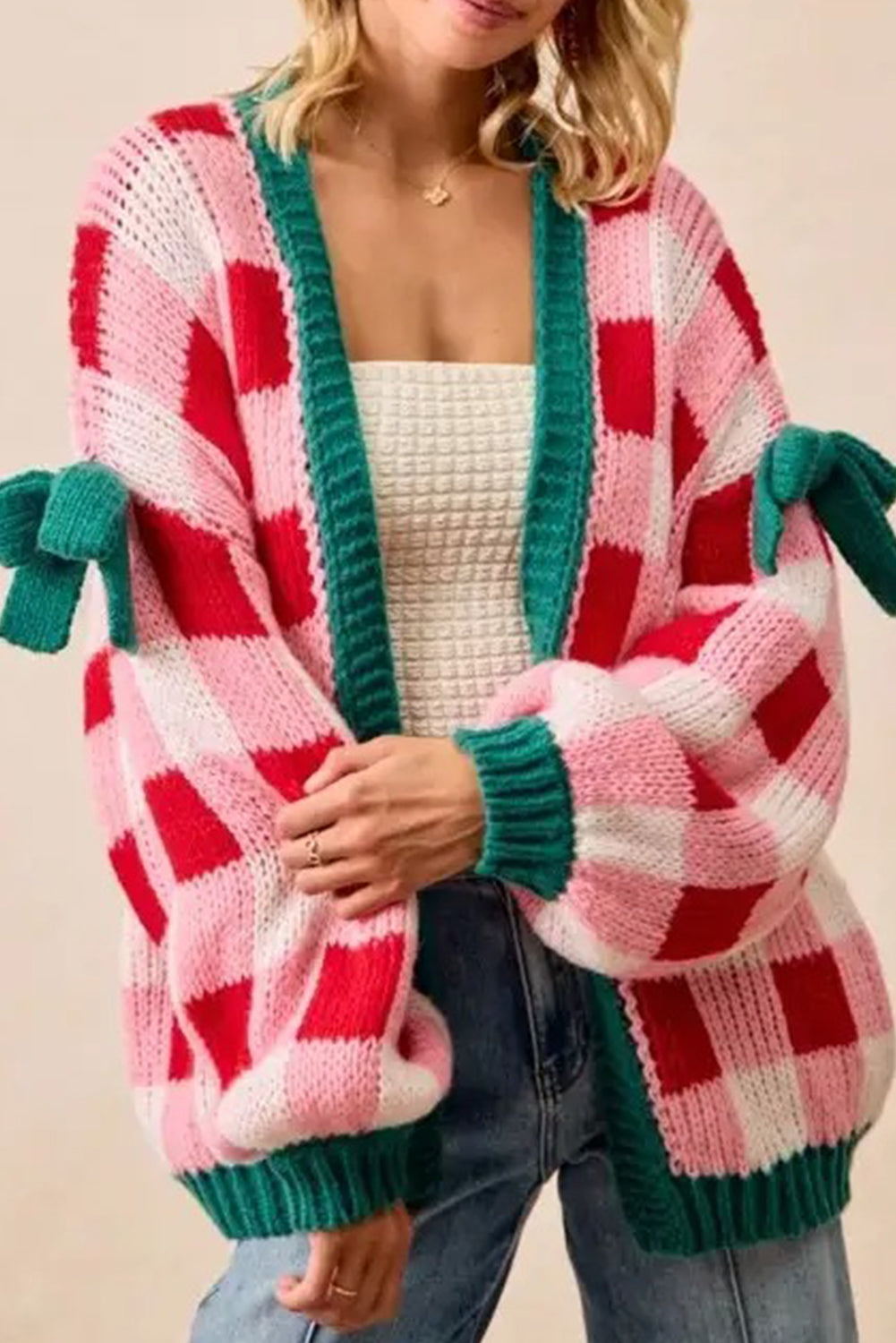 Pink Colorblock Checkered Open Front Knit Cardigan💕