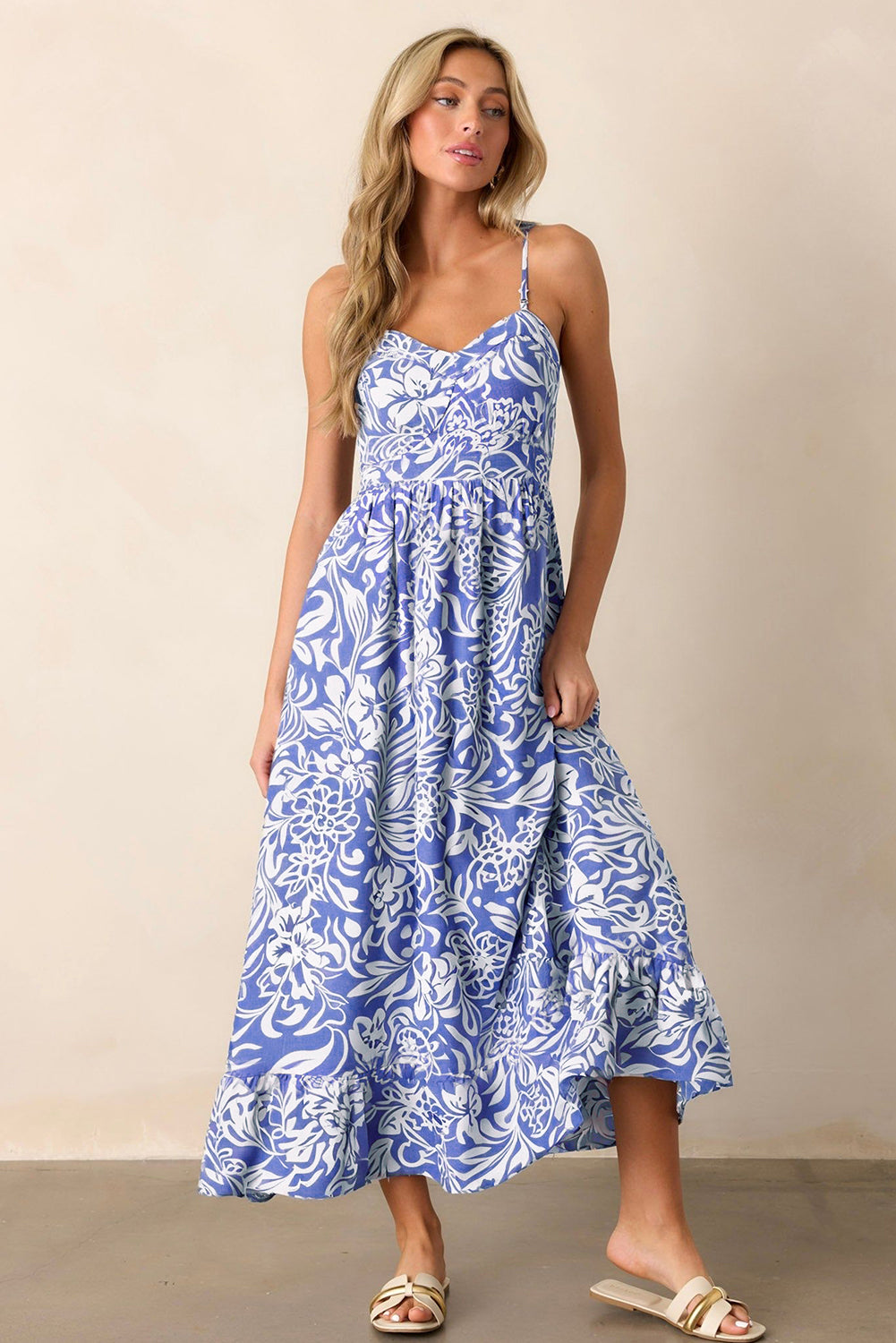 Sky Blue Floral Print Spaghetti Strap High Waist Maxi Dress💙