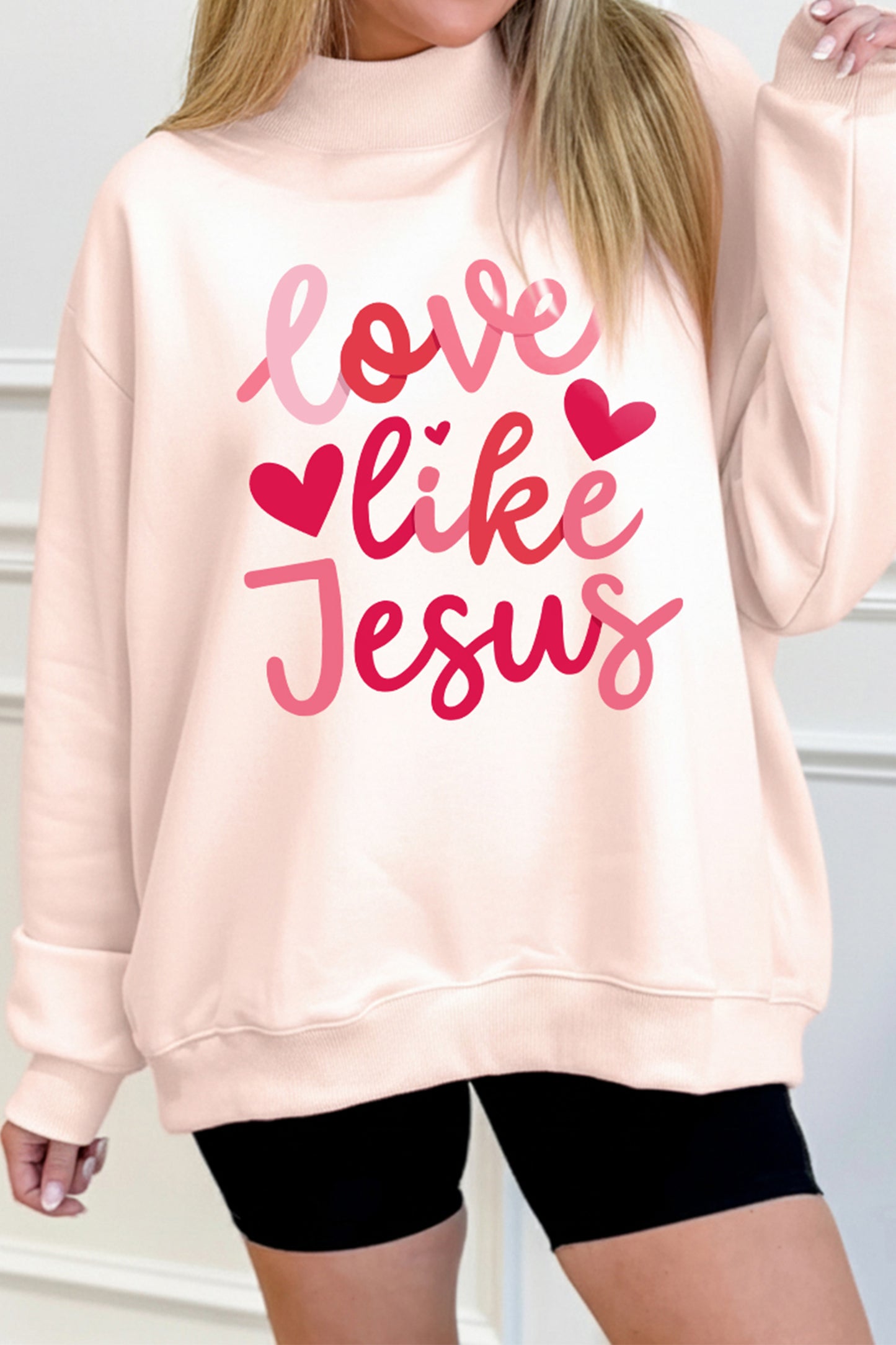 Light Pink love like Jesus Valentines Day Mock Neck Sweatshirt💕