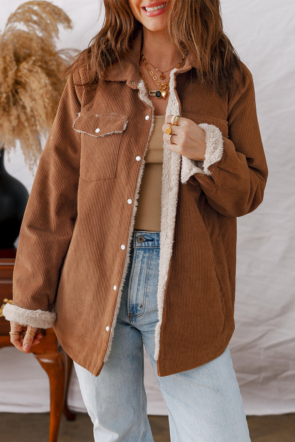 Cinnamon Fleece Lined Buttoned Flap Pockets Corduroy Jacket🤎