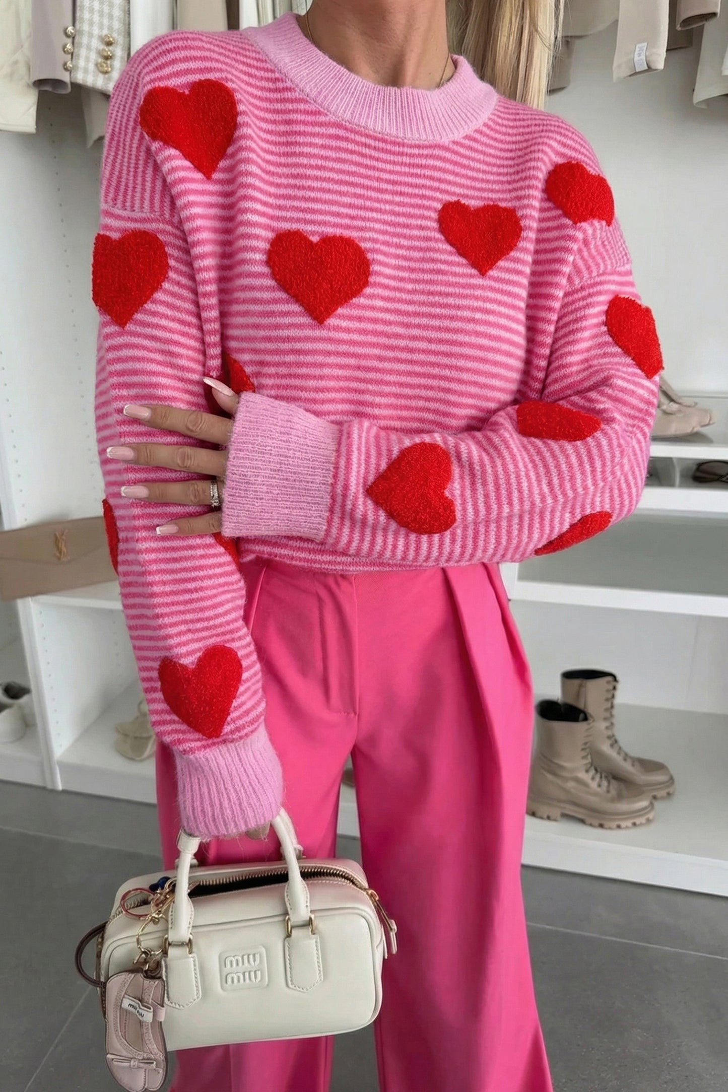 Gray Stripe Contrast Heart Pattern Valentine Knit Sweater♥️