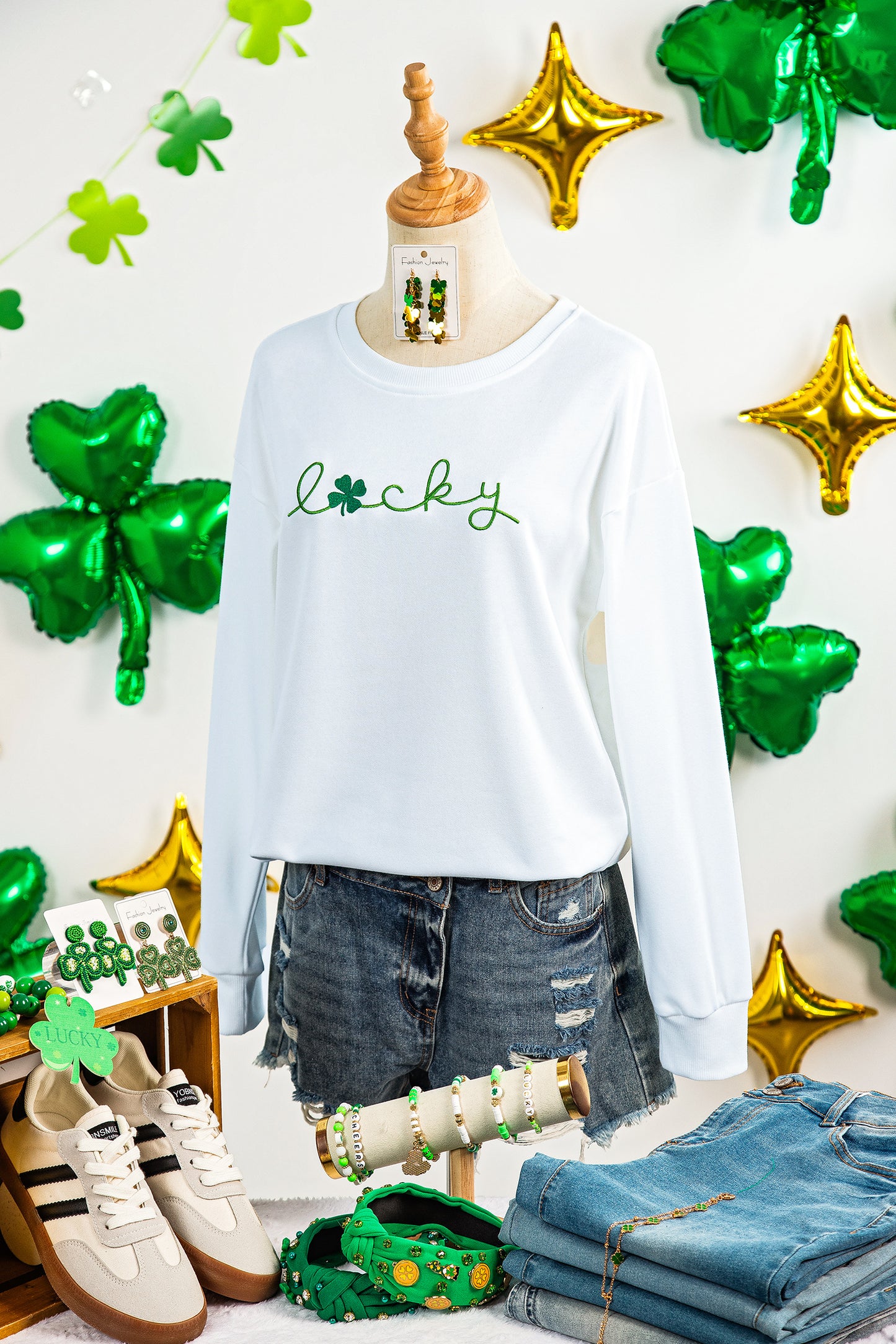 White Embroidered lucky Clover Graphic Long Sleeve Top