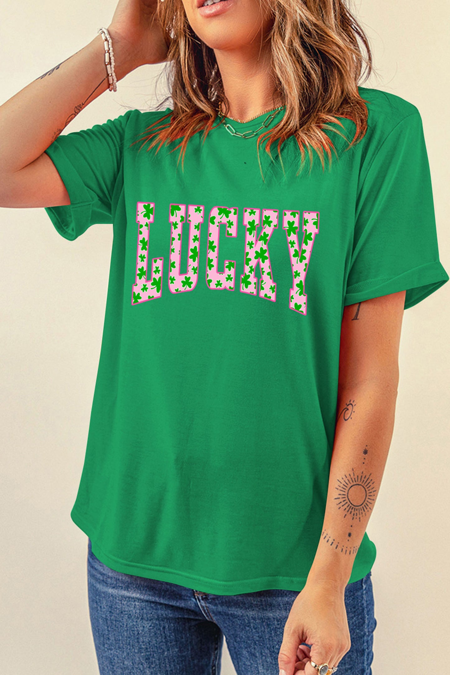 Bright Green LUCKY Clover Letter Printed Crew Neck T Shirt🍀