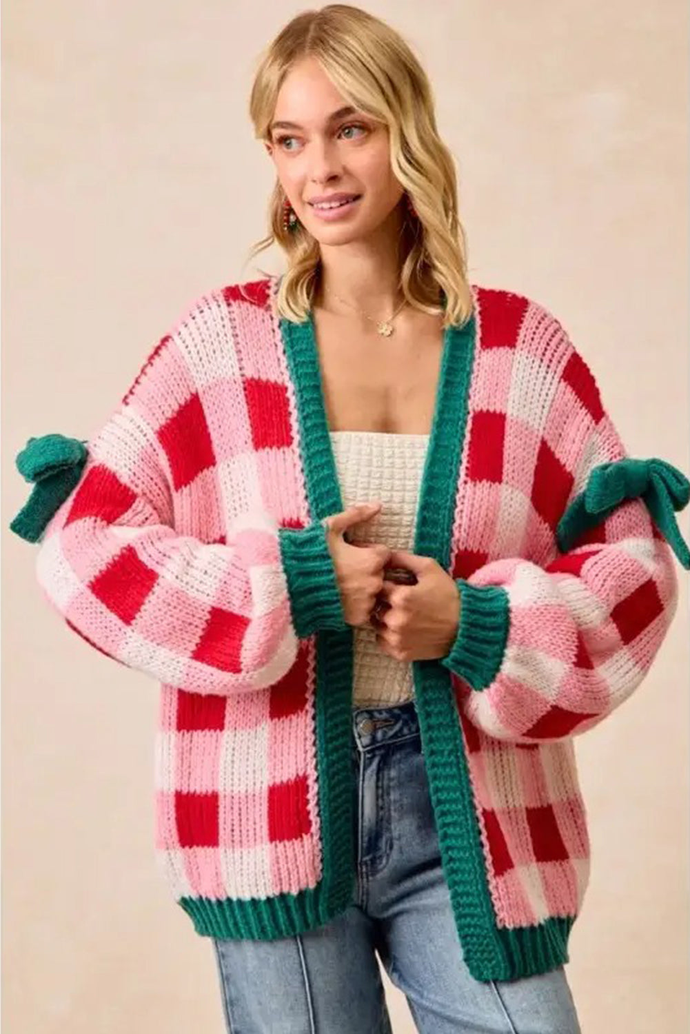 Pink Colorblock Checkered Open Front Knit Cardigan💕