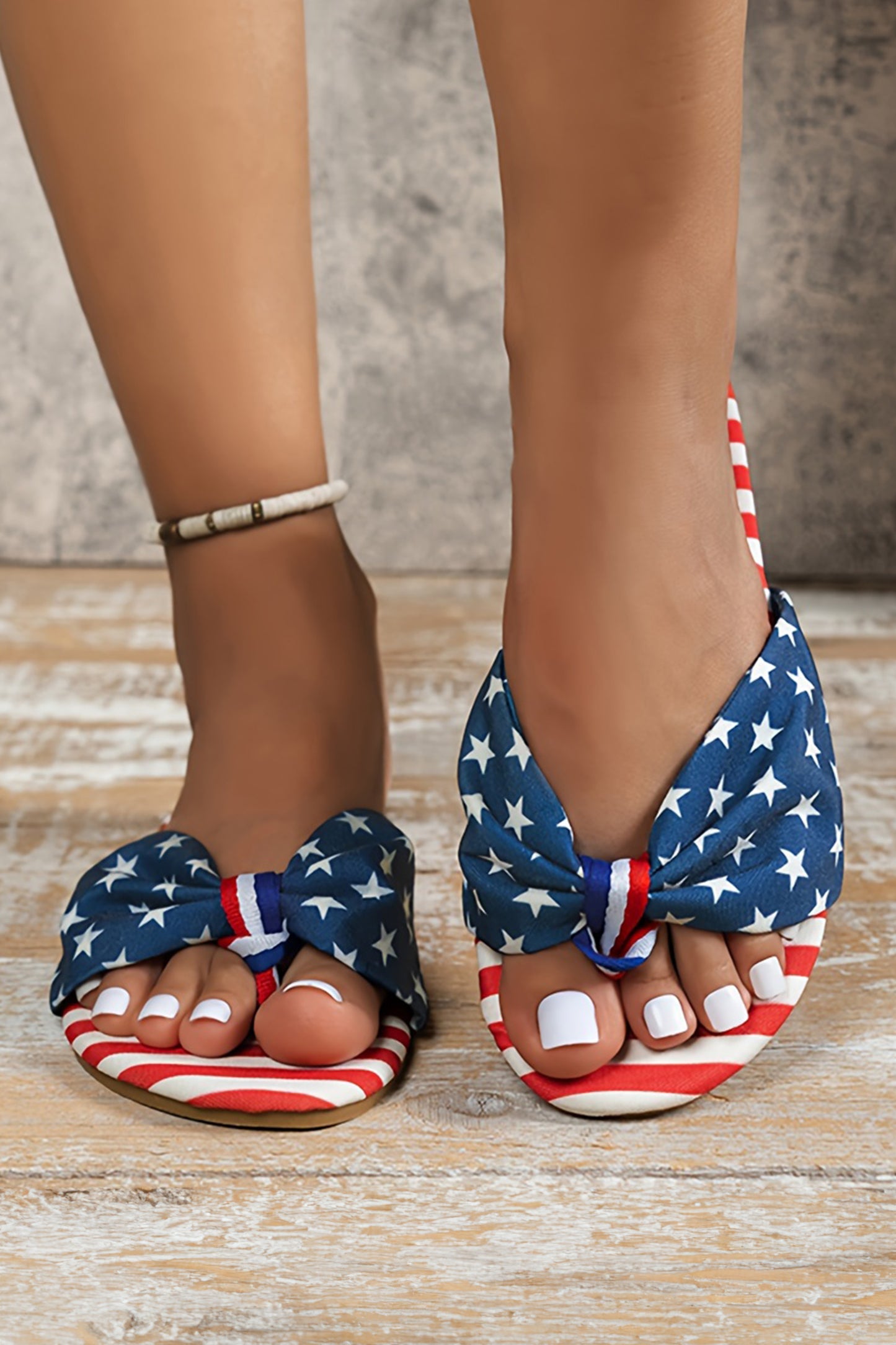 Navy Blue Stars and Stripes Cute Bow Knot Flat Slippers🎆