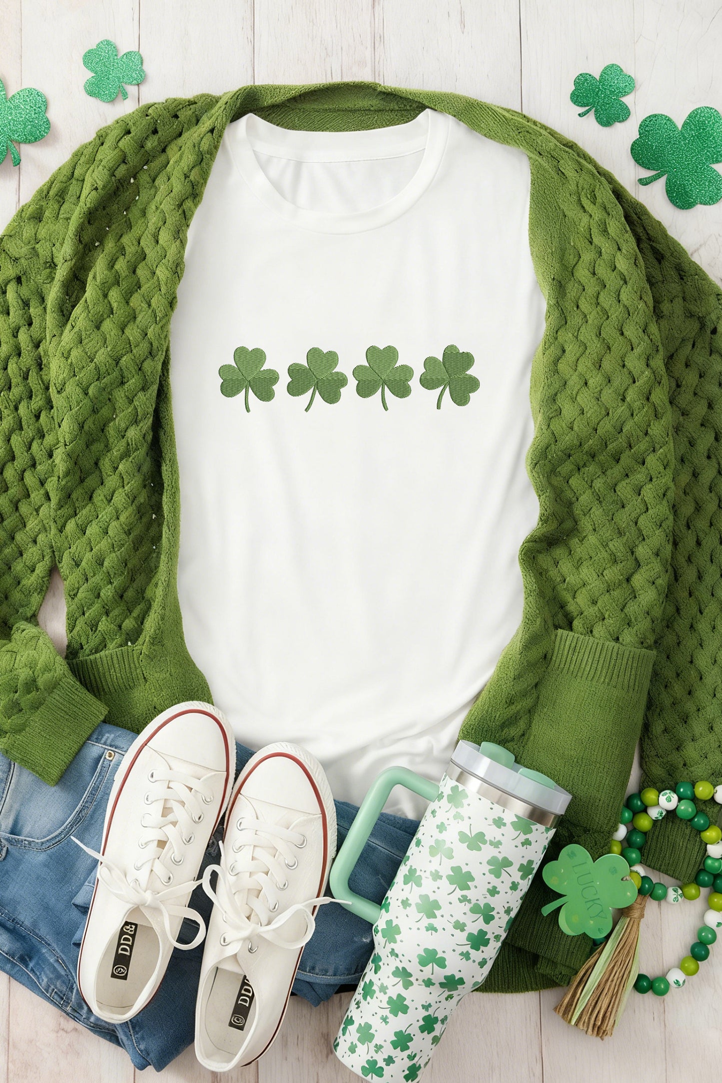 White Embroidered Clover St Patricks Fashion Graphic Tee🍀