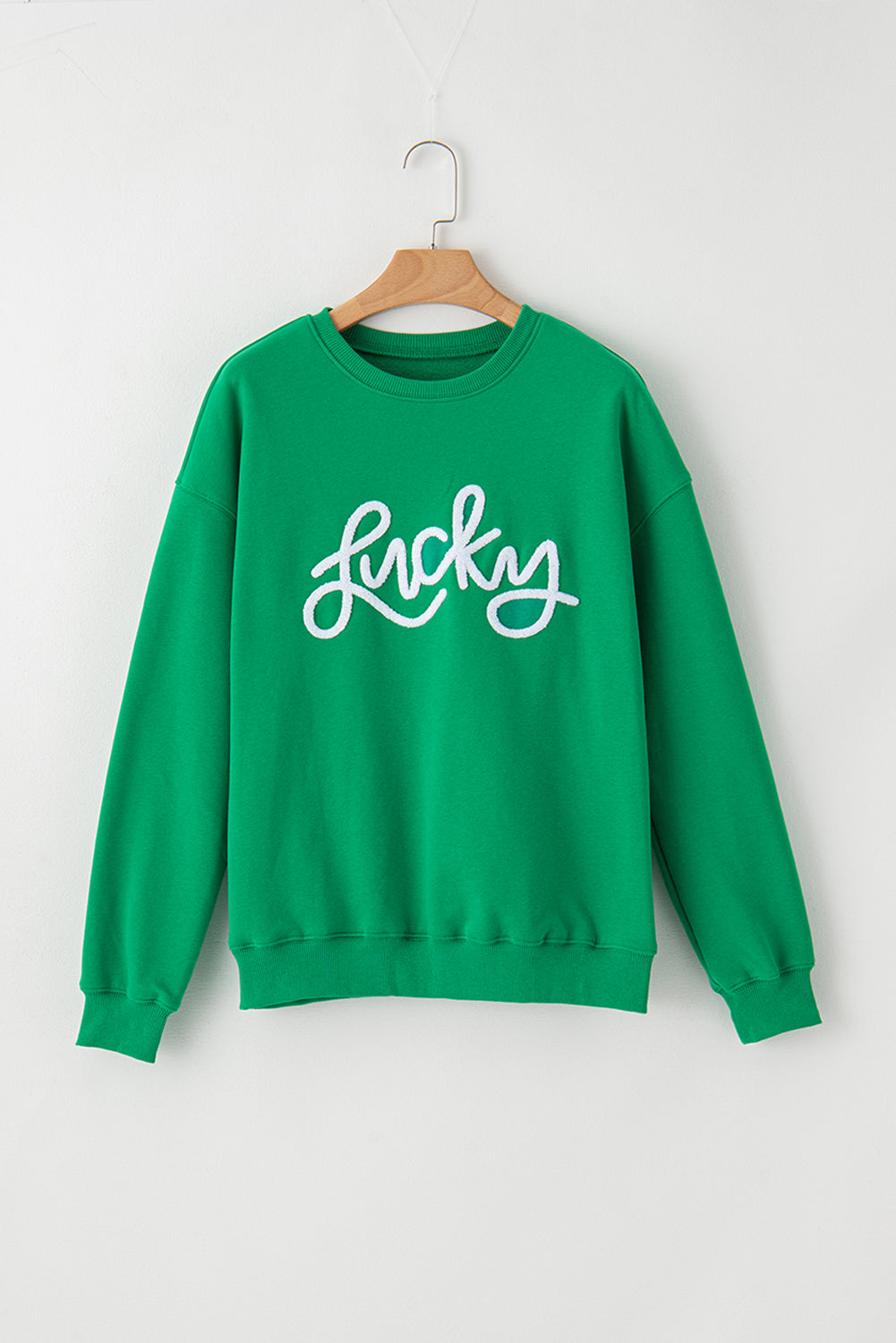 Green Lucky Letter Embroidery Print Drop Sleeve Sweatshirt☘️