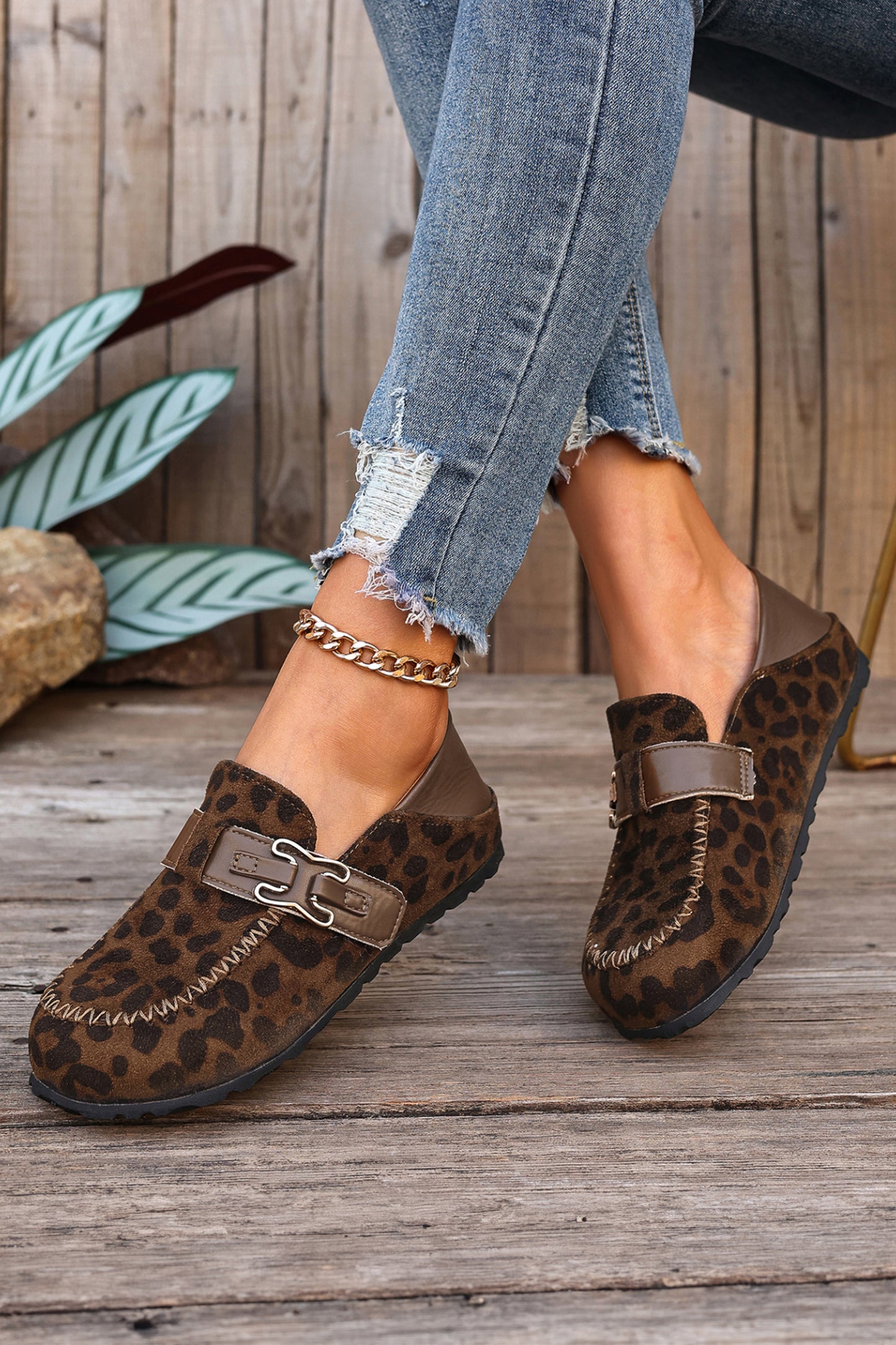 Khaki Faux Suede PU Leather Patchwork Retro Buckle Slip On Shoes