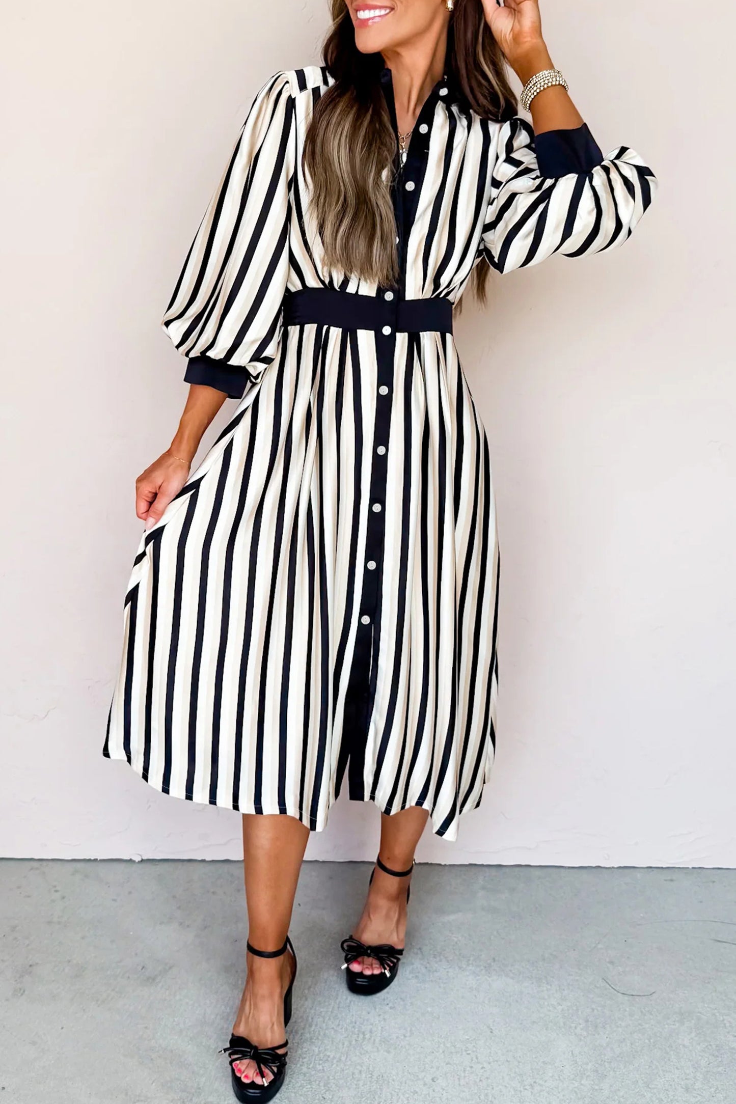 Black Stripe 3/4 Puff Sleeve Shirt Style Button Down Midi Dress 👗👸🏻✨