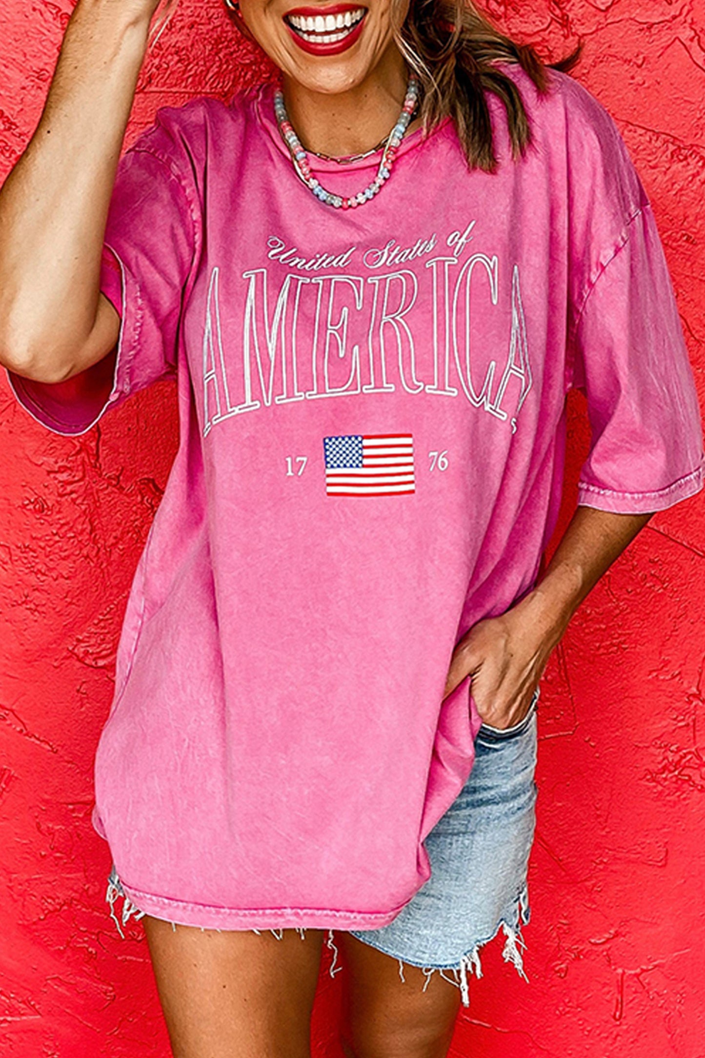 Rose Red AMERICA 1776 Mineral Wash Graphic Oversize Tee🇺🇸