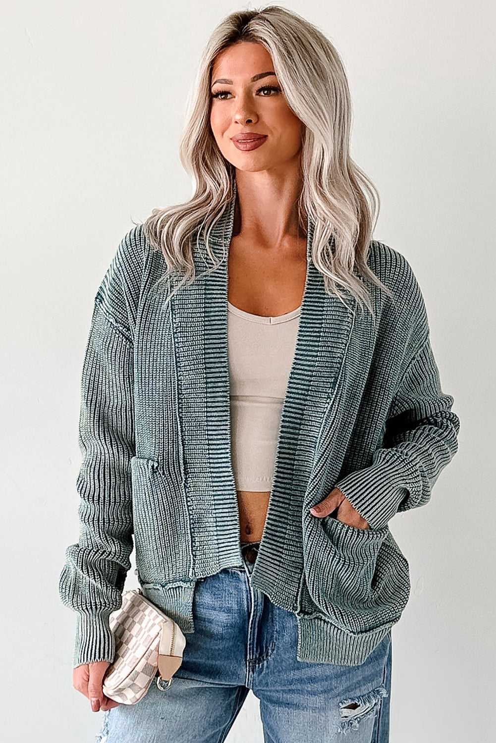 Evergreen Mineral Wash Exposed Seam Patchwork Knit Cardigan🩵
