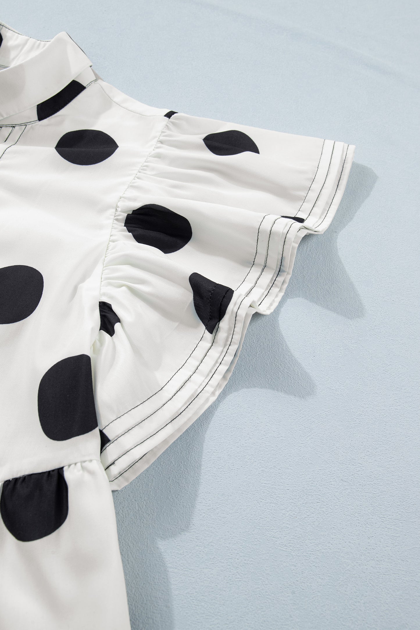 White Polka Dot Print Half Button Ruffled Short Sleeve Loose Mini Dress