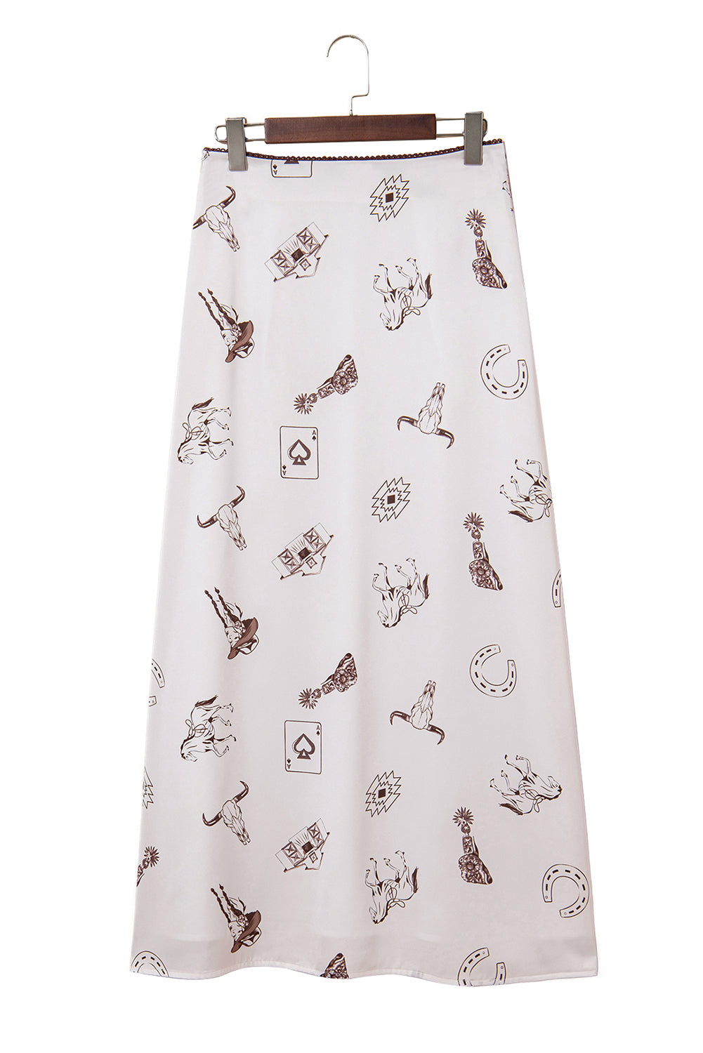 White Western Print Satin Long Skirt