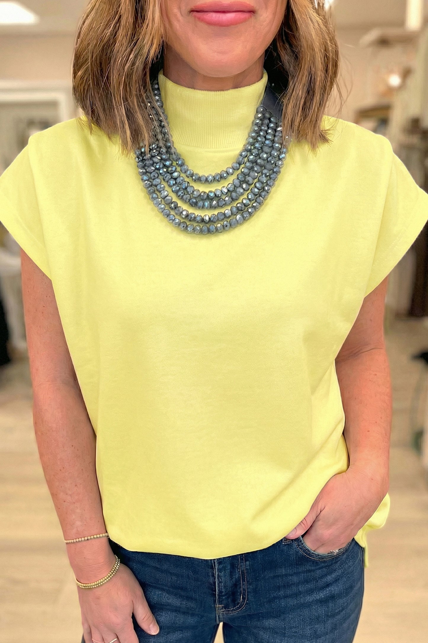 Yellow Solid Color High Neck Cap Sleeve Loose Top✨
