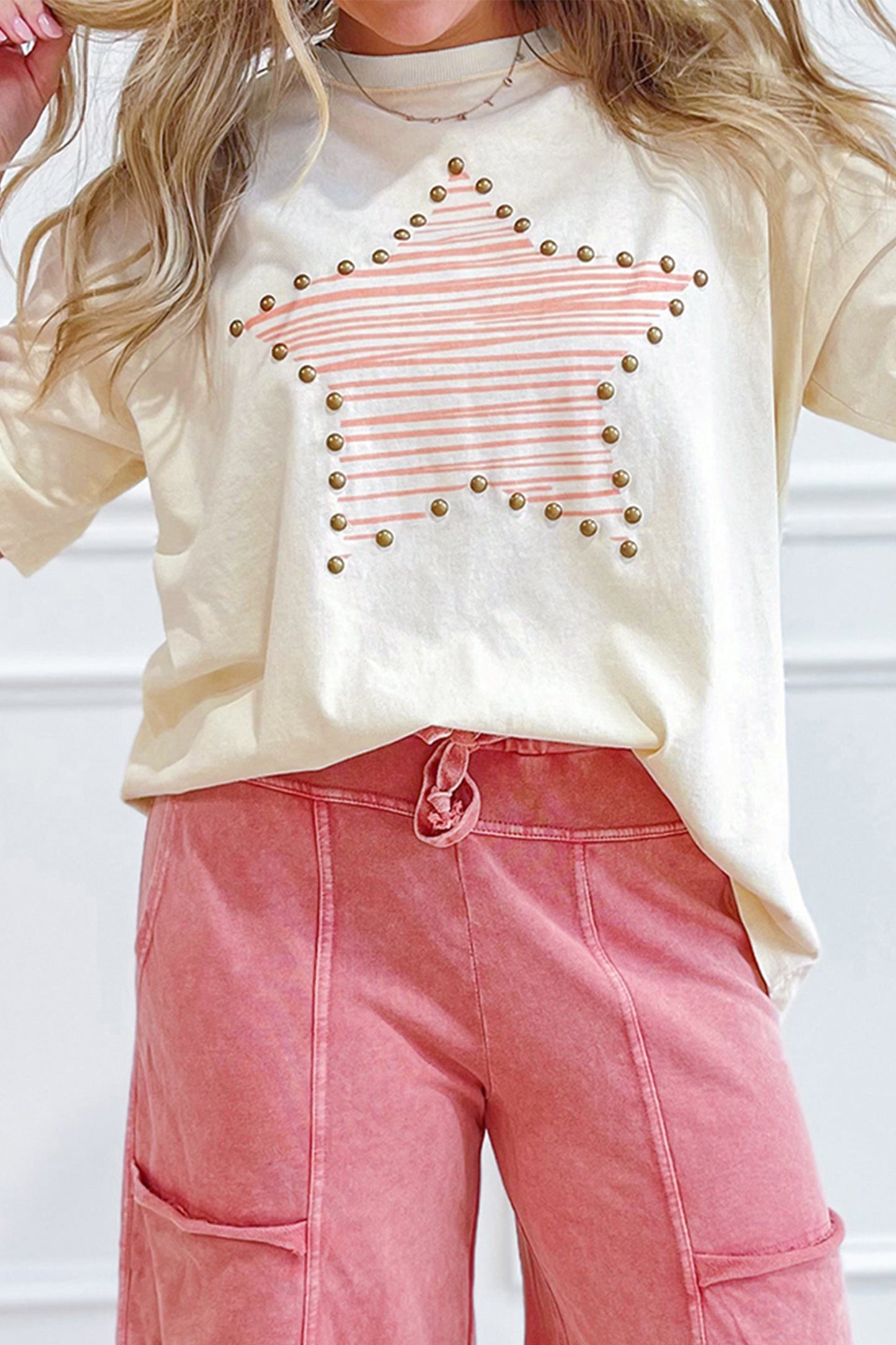 Beige Star Print Stud Detail Cotton Jersey Top🌟