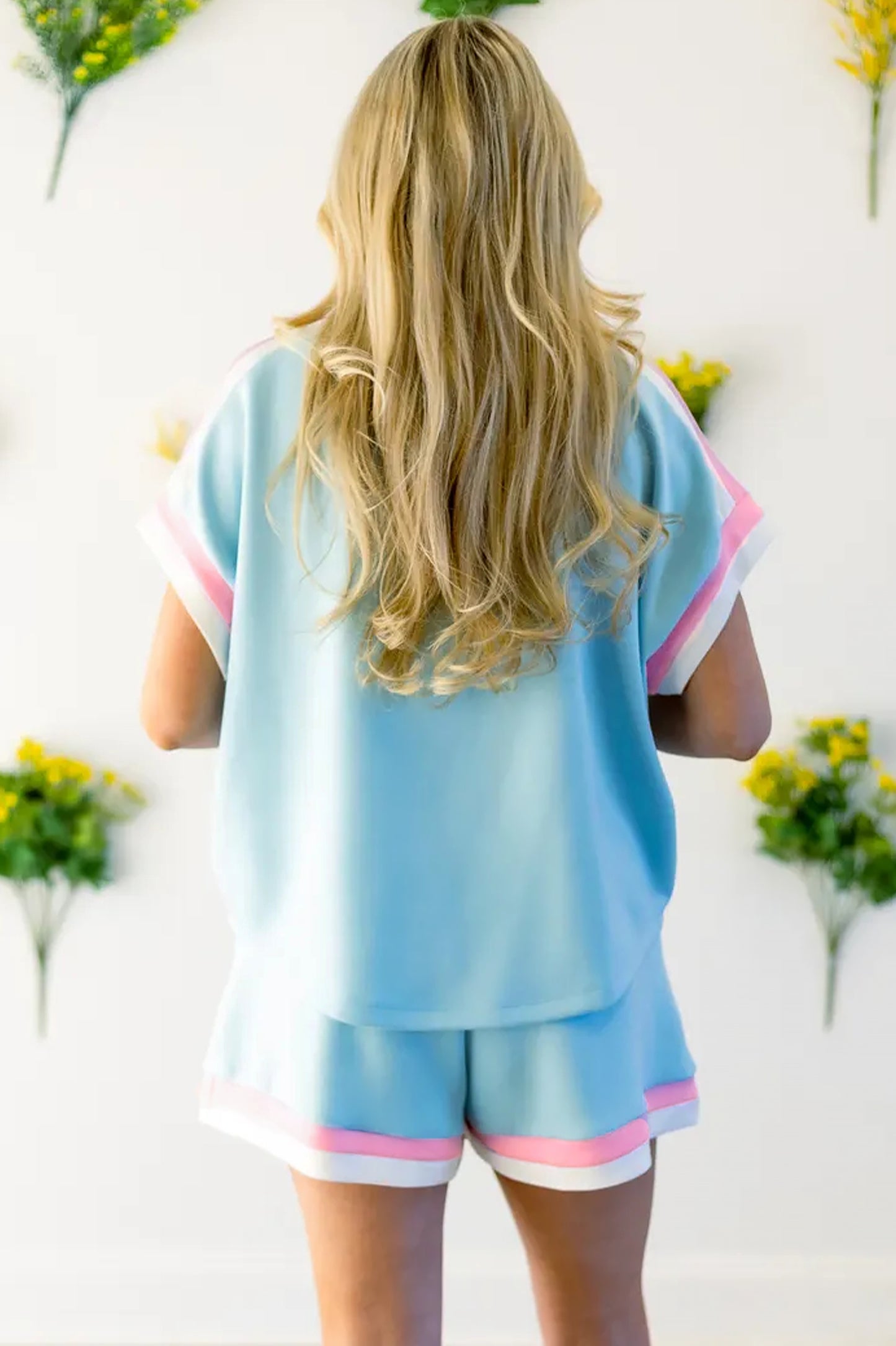 Mist Blue Striped Trim Casual Tee Drawstring Shorts 2pcs Set