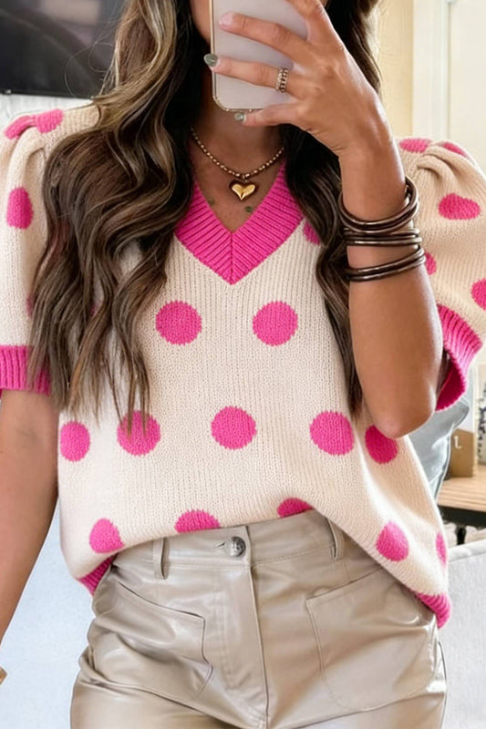 Pink Polka Dot Puff Short Sleeve Sweater Top🩷