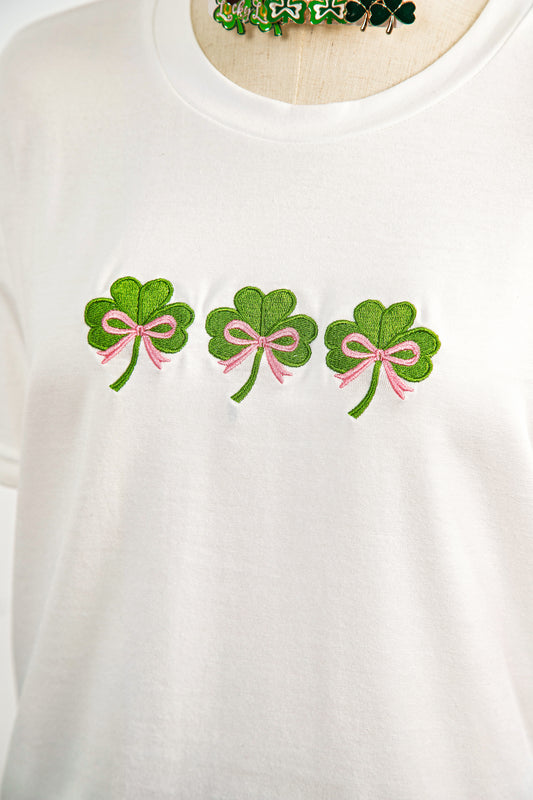 White Ribbon Bow Clover Embroidered Casual T Shirt☘️🎀