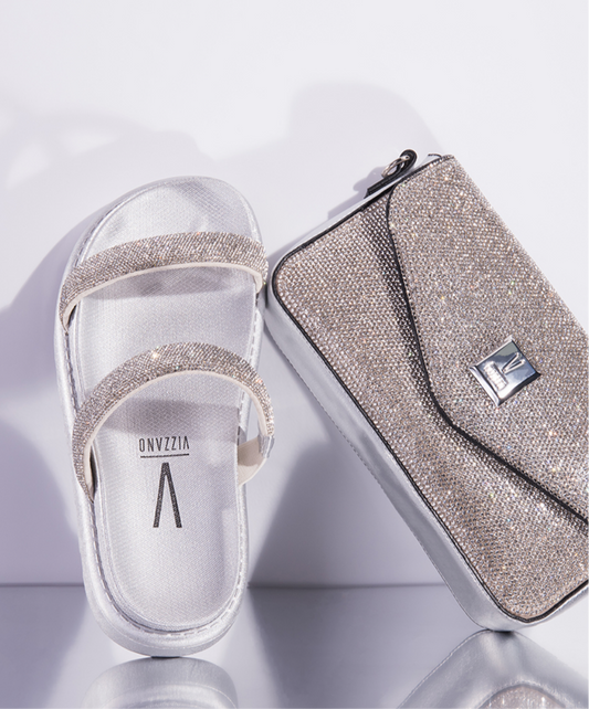 Nuevos calzados VIZZANO con doble correa con brillo color plata para mujeres, suela gruesa y esponjosa, Punta redonda, Casuales para uso diario y noche ,vacaciones, Navidad de moda para cualquier ocasión