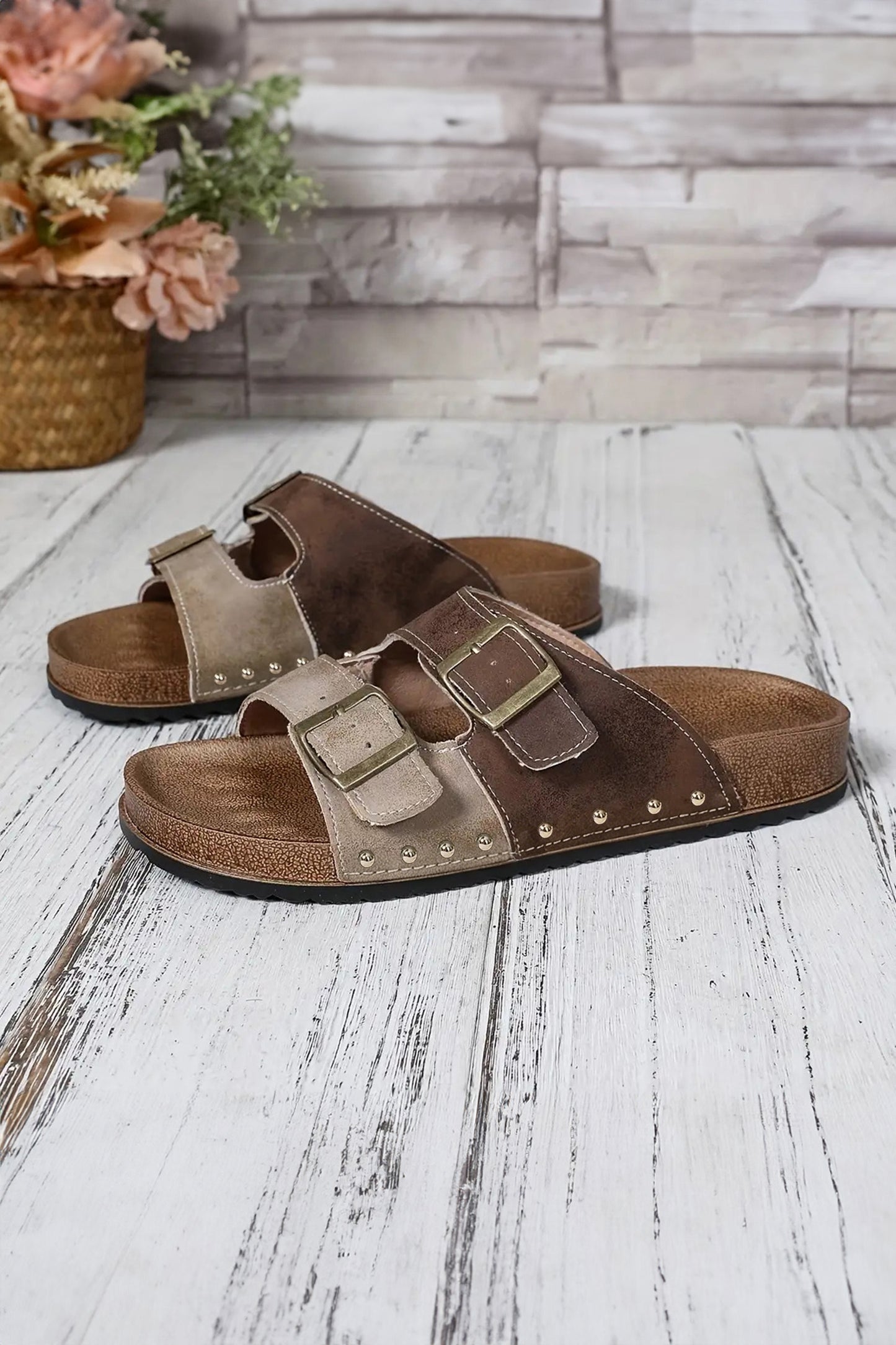 Color black Leopard Two-tone Retro Buckle Straps Hollowed Faux Suede Slippers