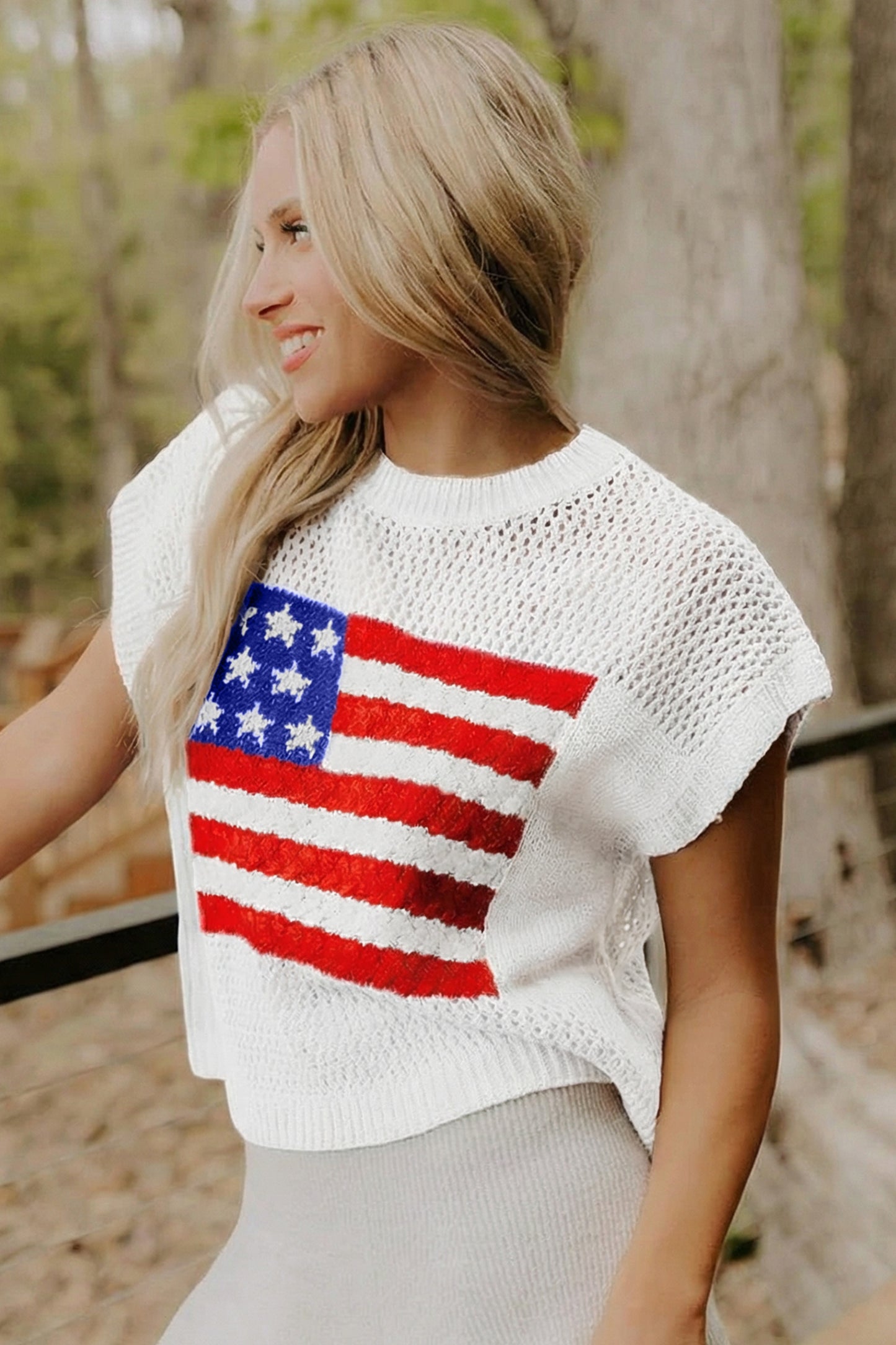 Fiery Red Flag Graphic Short Sleeve Sweater Top🇺🇸🎆
