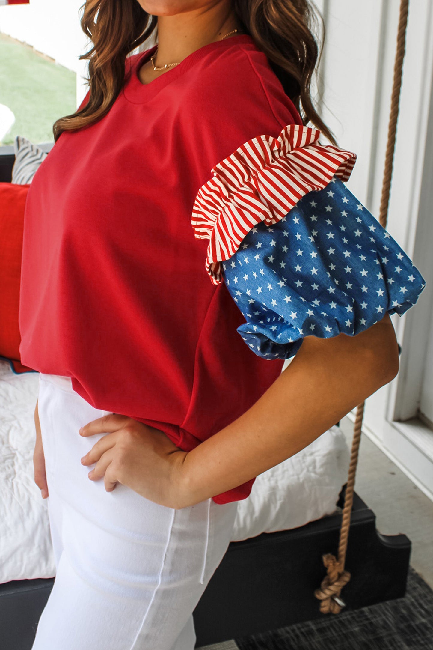 Beau Blue Stars Stripes Short Puff Sleeve Top🇺🇸